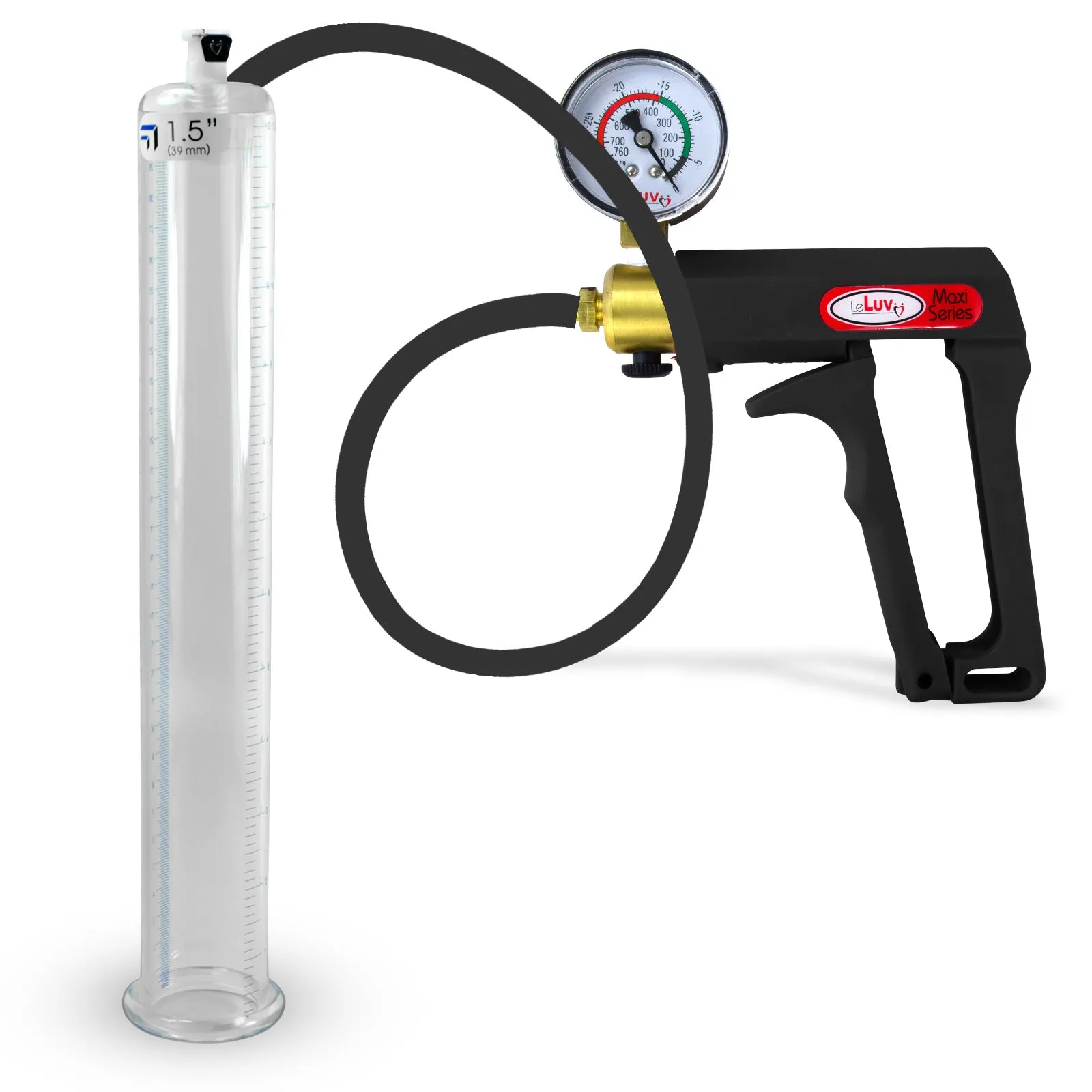 LeLuv Maxi Penis Pump | Black Handle, Silicone Hose, Gauge/Protected Gauge | Round Flange Cylinder