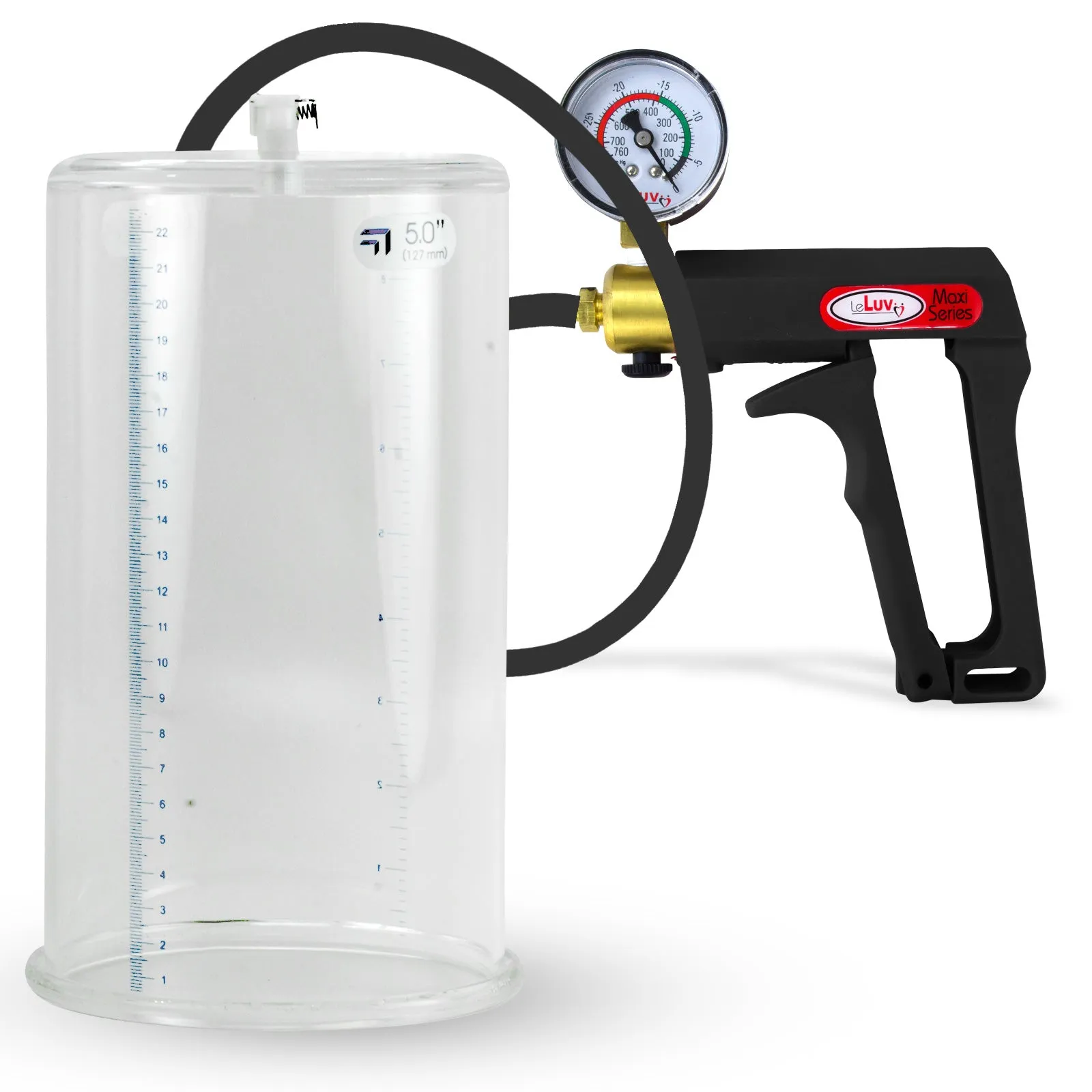 LeLuv Maxi Penis Pump | Black Handle, Silicone Hose, Gauge/Protected Gauge | Round Flange Cylinder