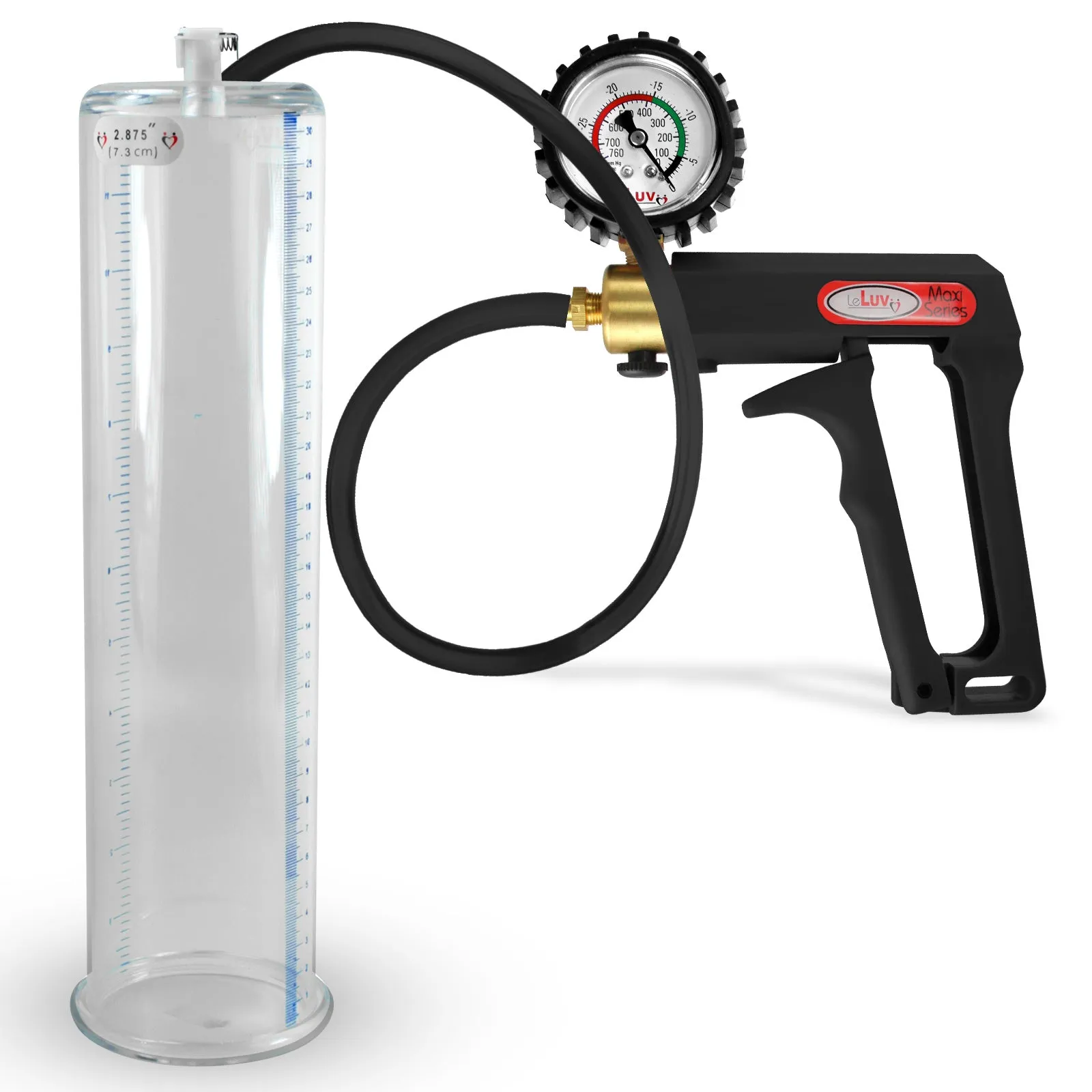 LeLuv Maxi Penis Pump | Black Handle, Silicone Hose, Gauge/Protected Gauge | Round Flange Cylinder