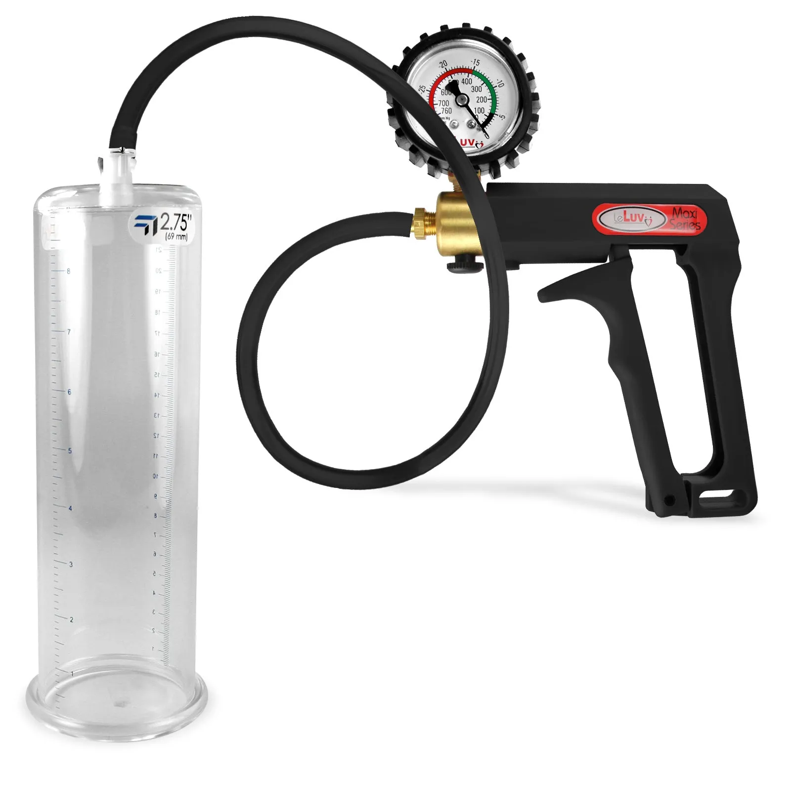 LeLuv Maxi Penis Pump | Black Handle, Silicone Hose, Gauge/Protected Gauge | Round Flange Cylinder