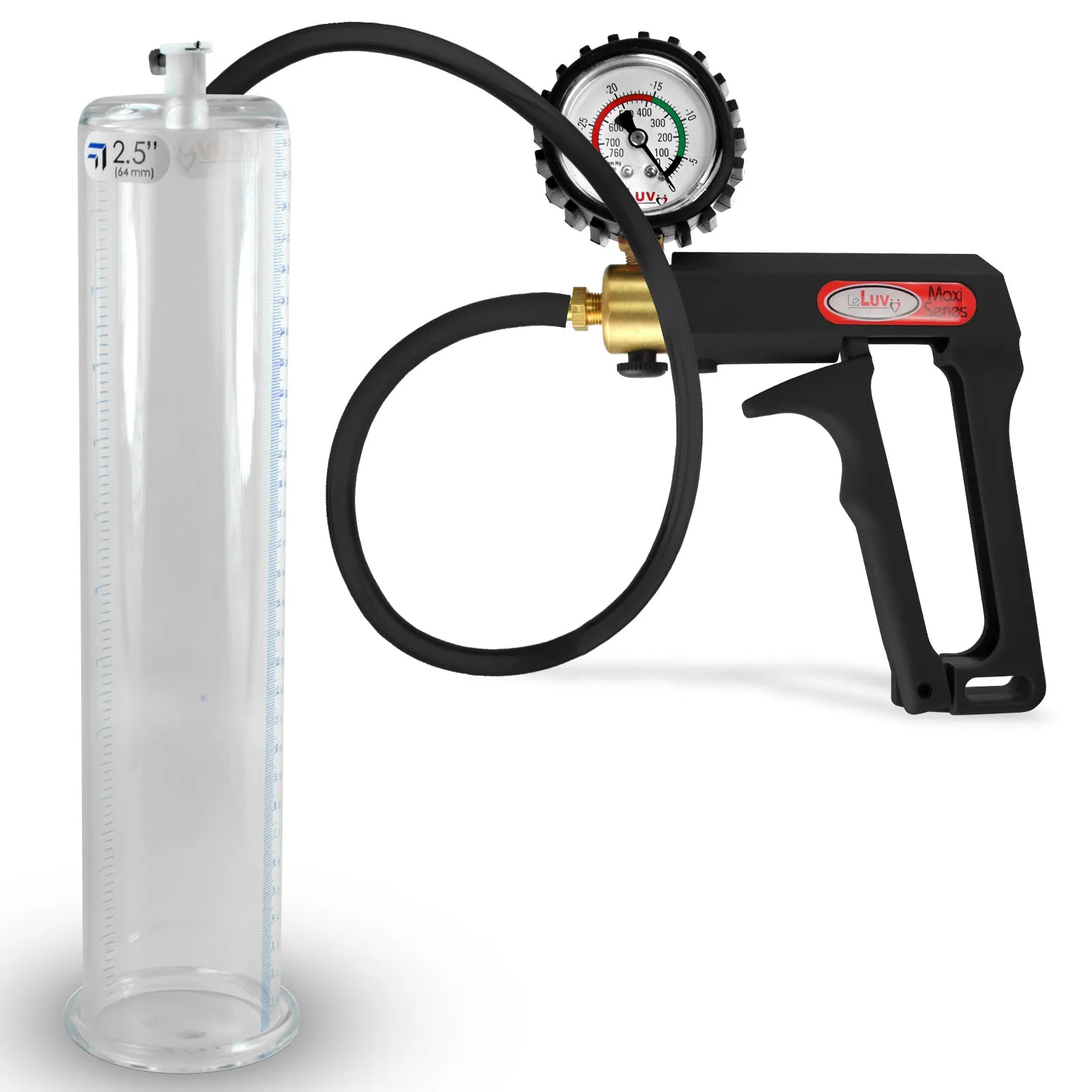 LeLuv Maxi Penis Pump | Black Handle, Silicone Hose, Gauge/Protected Gauge | Round Flange Cylinder