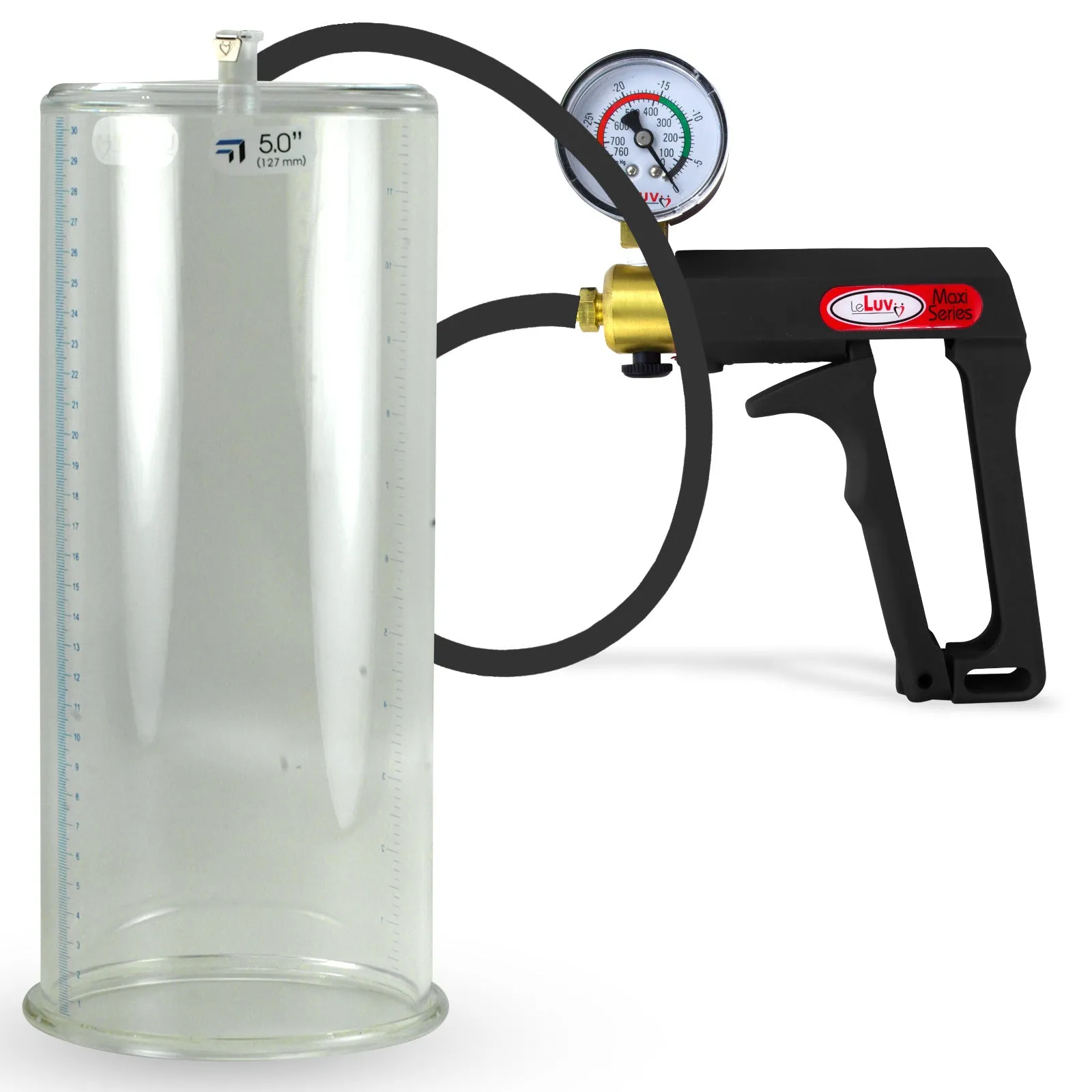 LeLuv Maxi Penis Pump | Black Handle, Silicone Hose, Gauge/Protected Gauge | Round Flange Cylinder