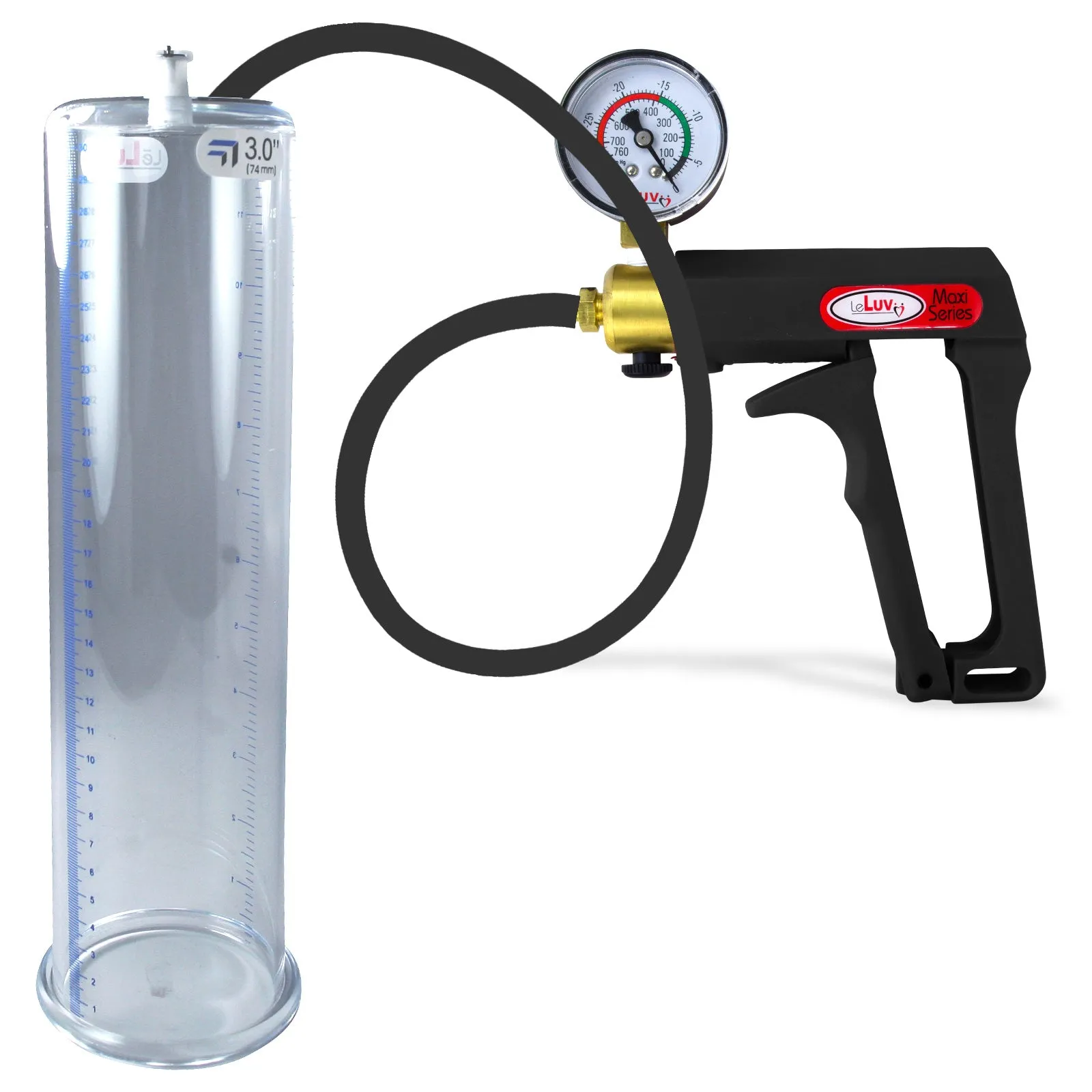 LeLuv Maxi Penis Pump | Black Handle, Silicone Hose, Gauge/Protected Gauge | Round Flange Cylinder