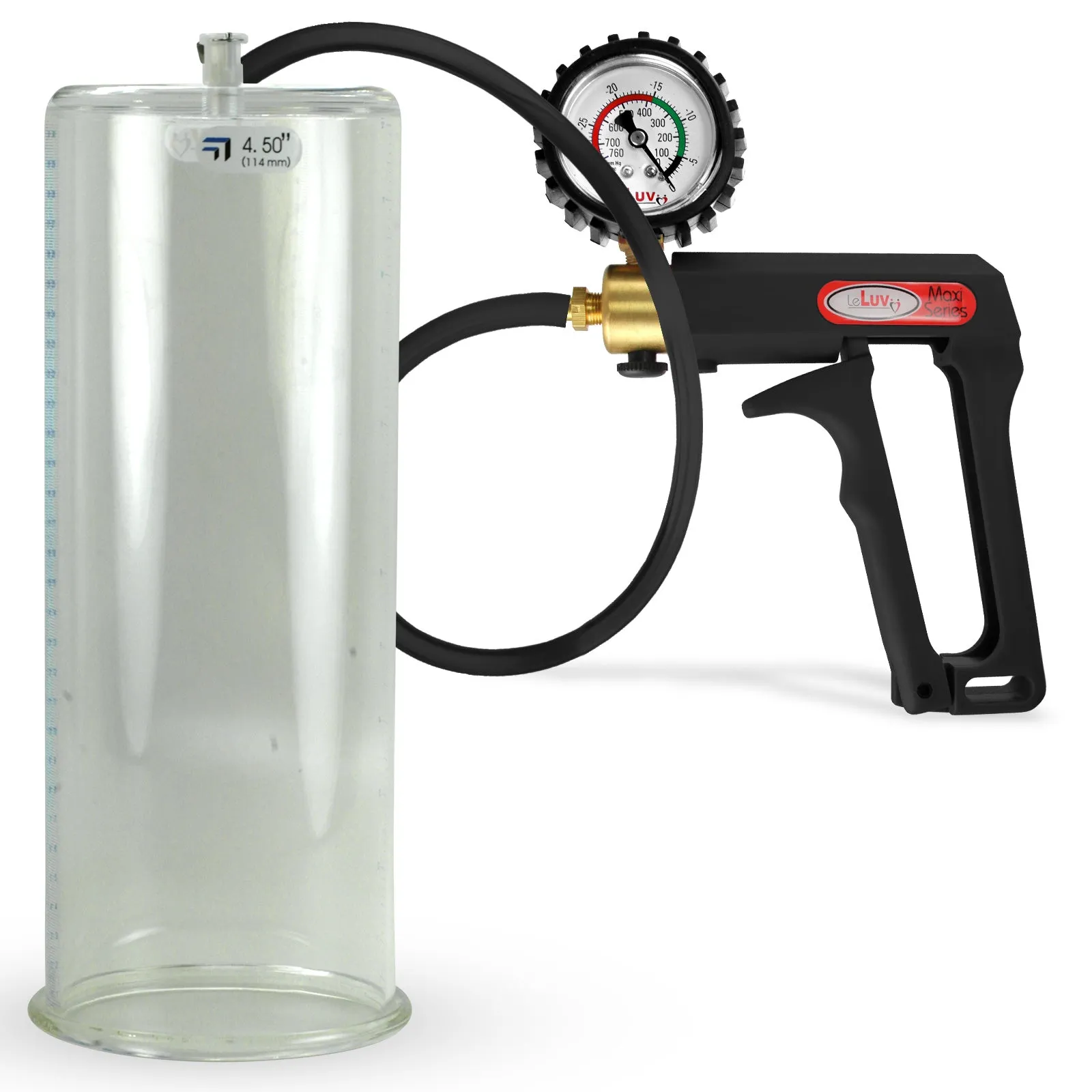 LeLuv Maxi Penis Pump | Black Handle, Silicone Hose, Gauge/Protected Gauge | Round Flange Cylinder