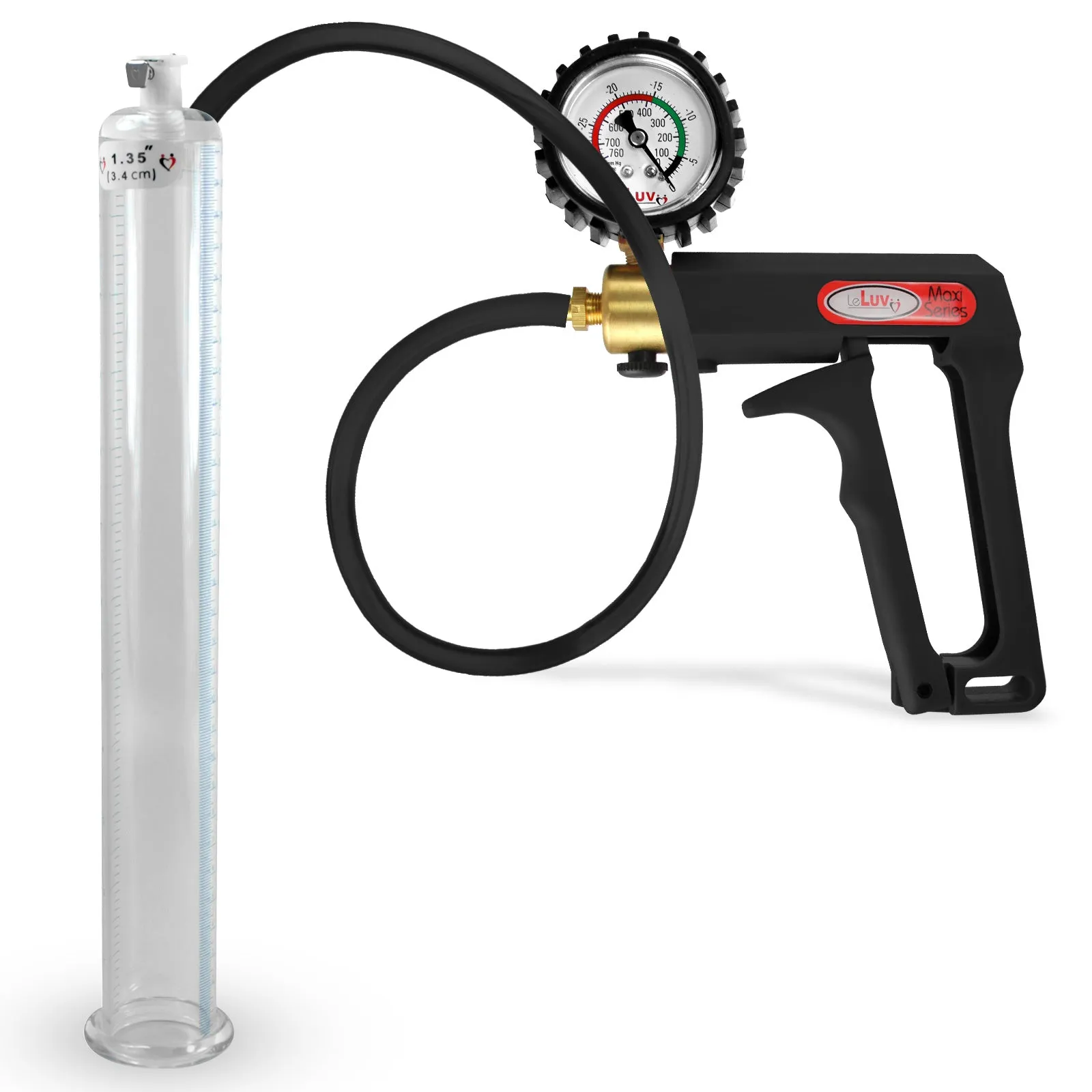 LeLuv Maxi Penis Pump | Black Handle, Silicone Hose, Gauge/Protected Gauge | Round Flange Cylinder