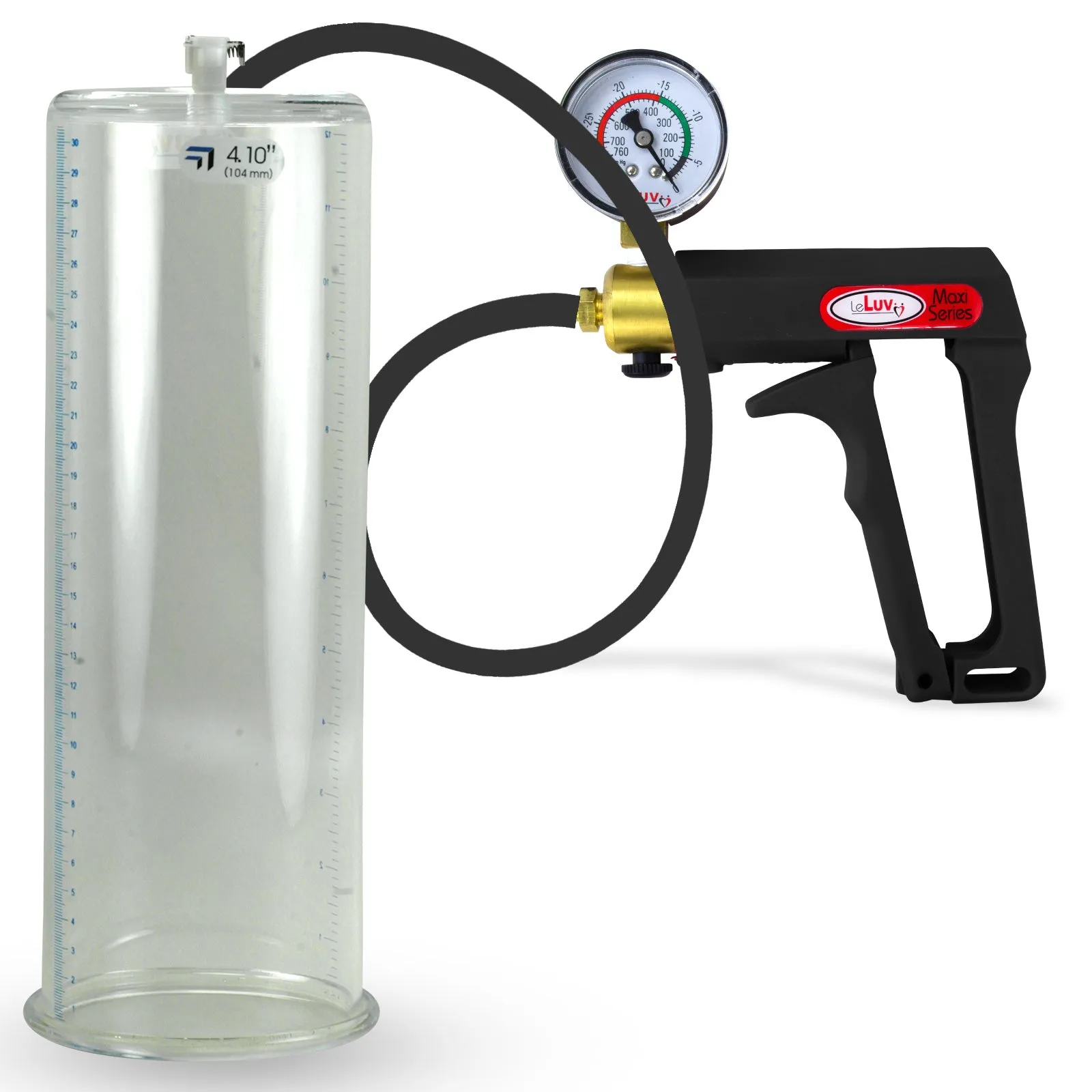 LeLuv Maxi Penis Pump | Black Handle, Silicone Hose, Gauge/Protected Gauge | Round Flange Cylinder