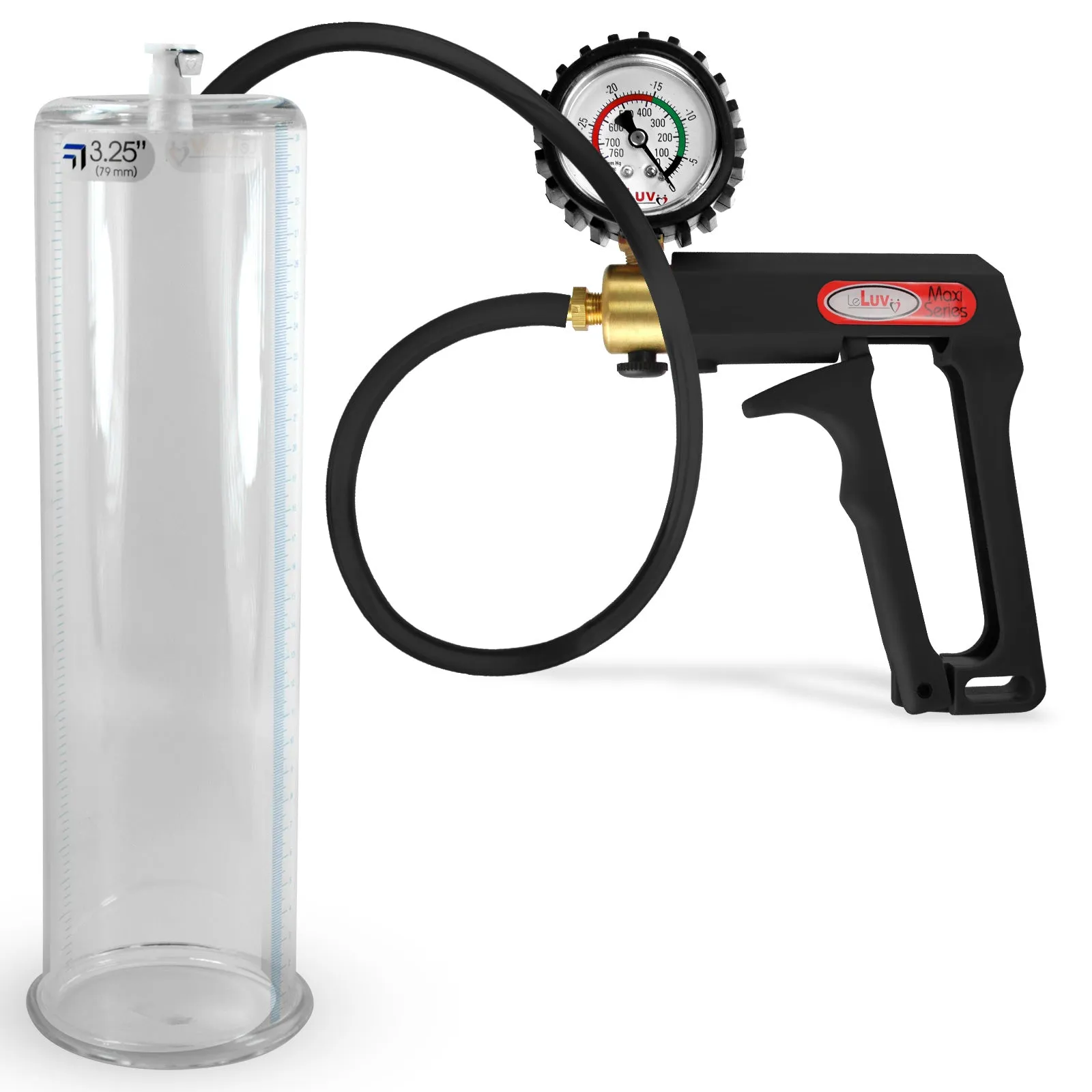 LeLuv Maxi Penis Pump | Black Handle, Silicone Hose, Gauge/Protected Gauge | Round Flange Cylinder