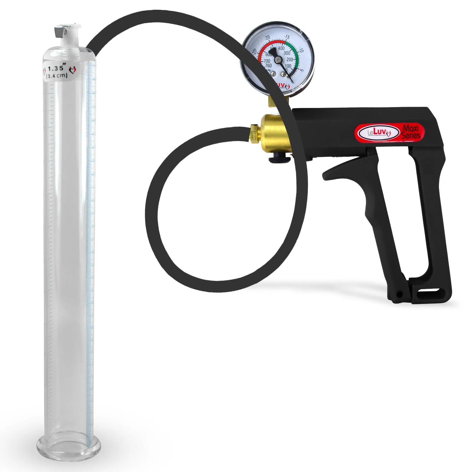 LeLuv Maxi Penis Pump | Black Handle, Silicone Hose, Gauge/Protected Gauge | Round Flange Cylinder