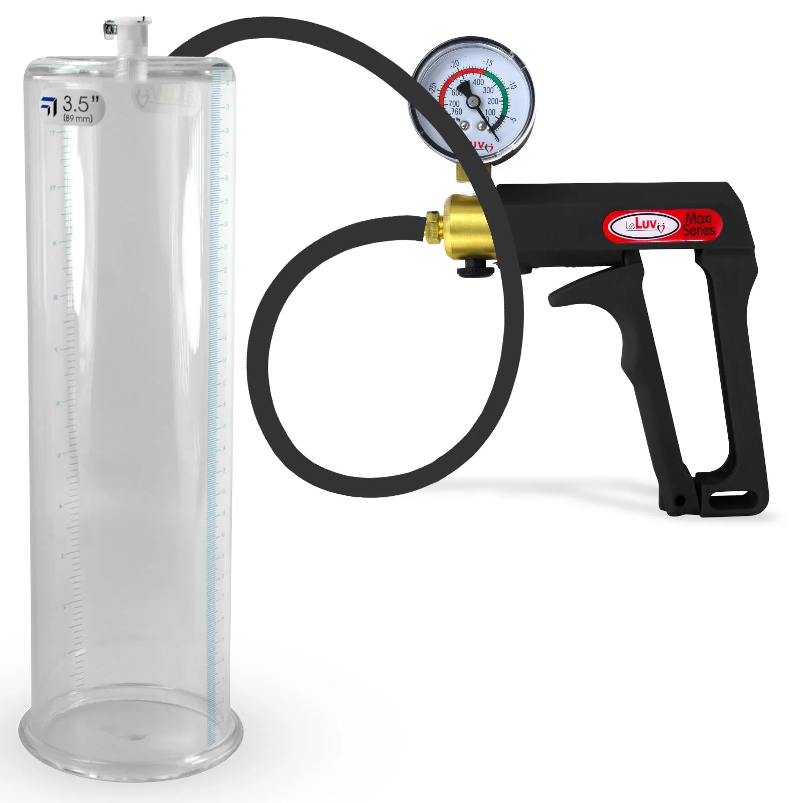 LeLuv Maxi Penis Pump | Black Handle, Silicone Hose, Gauge/Protected Gauge | Round Flange Cylinder