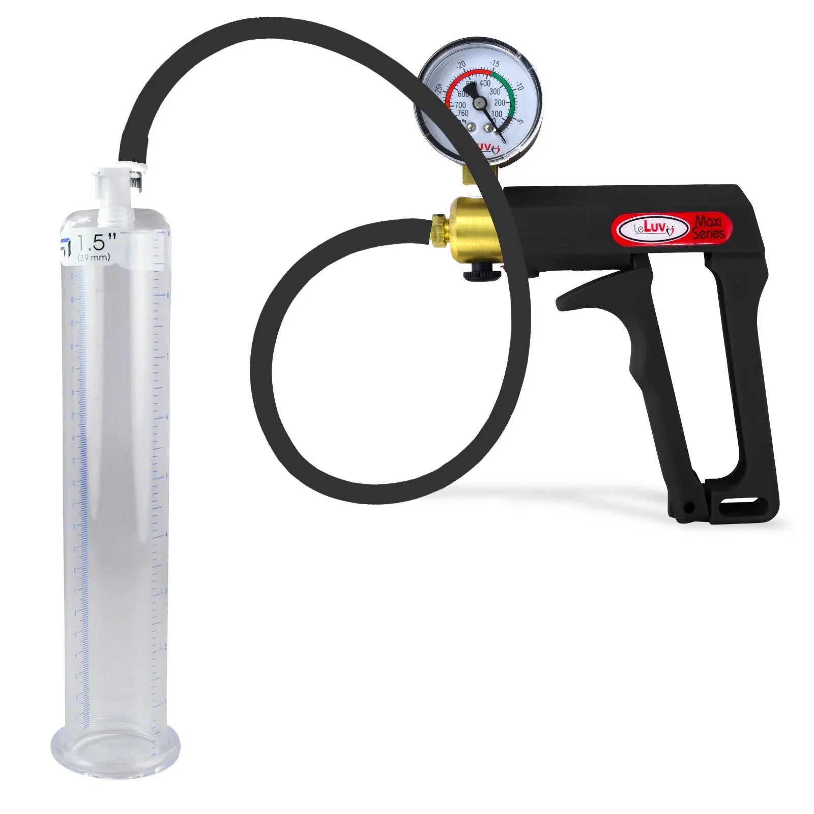 LeLuv Maxi Penis Pump | Black Handle, Silicone Hose, Gauge/Protected Gauge | Round Flange Cylinder