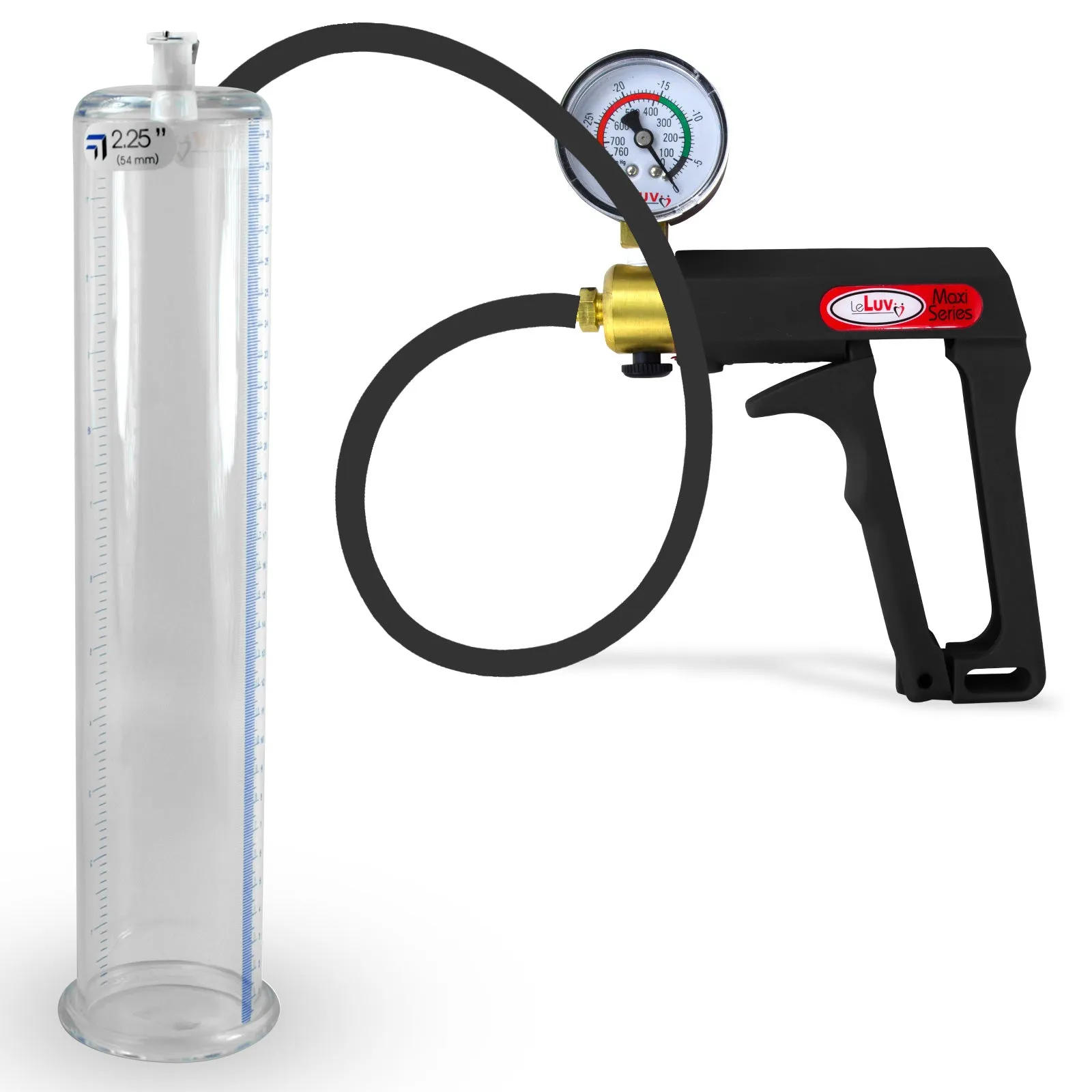 LeLuv Maxi Penis Pump | Black Handle, Silicone Hose, Gauge/Protected Gauge | Round Flange Cylinder
