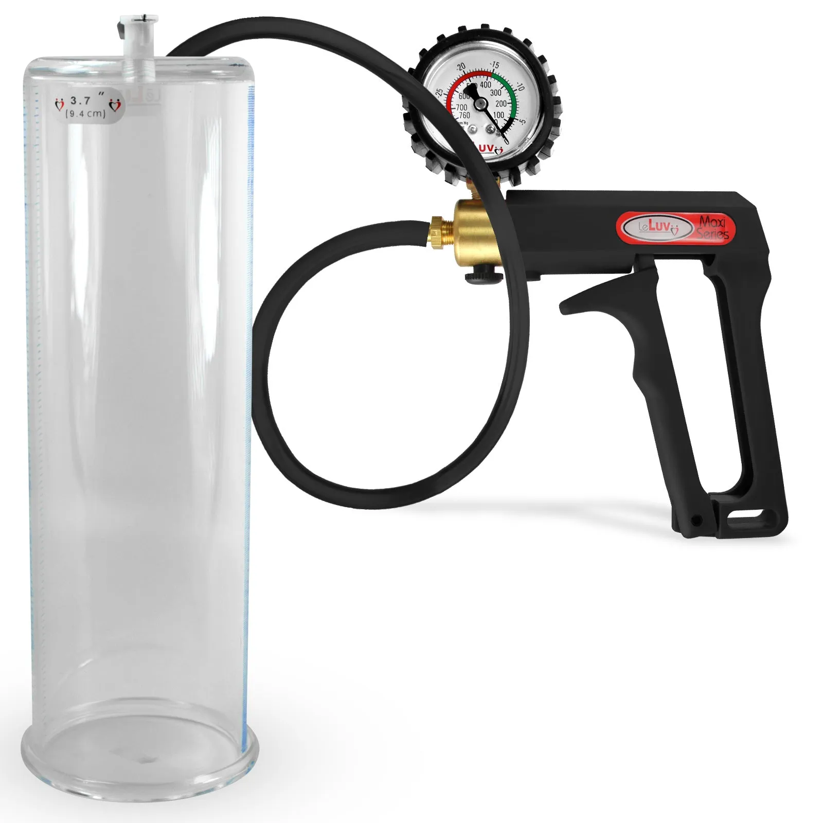 LeLuv Maxi Penis Pump | Black Handle, Silicone Hose, Gauge/Protected Gauge | Round Flange Cylinder