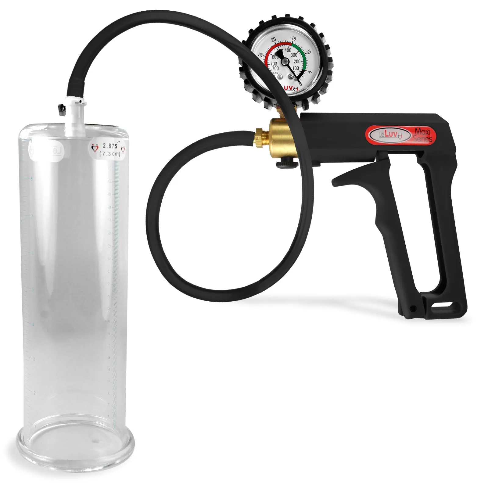 LeLuv Maxi Penis Pump | Black Handle, Silicone Hose, Gauge/Protected Gauge | Round Flange Cylinder