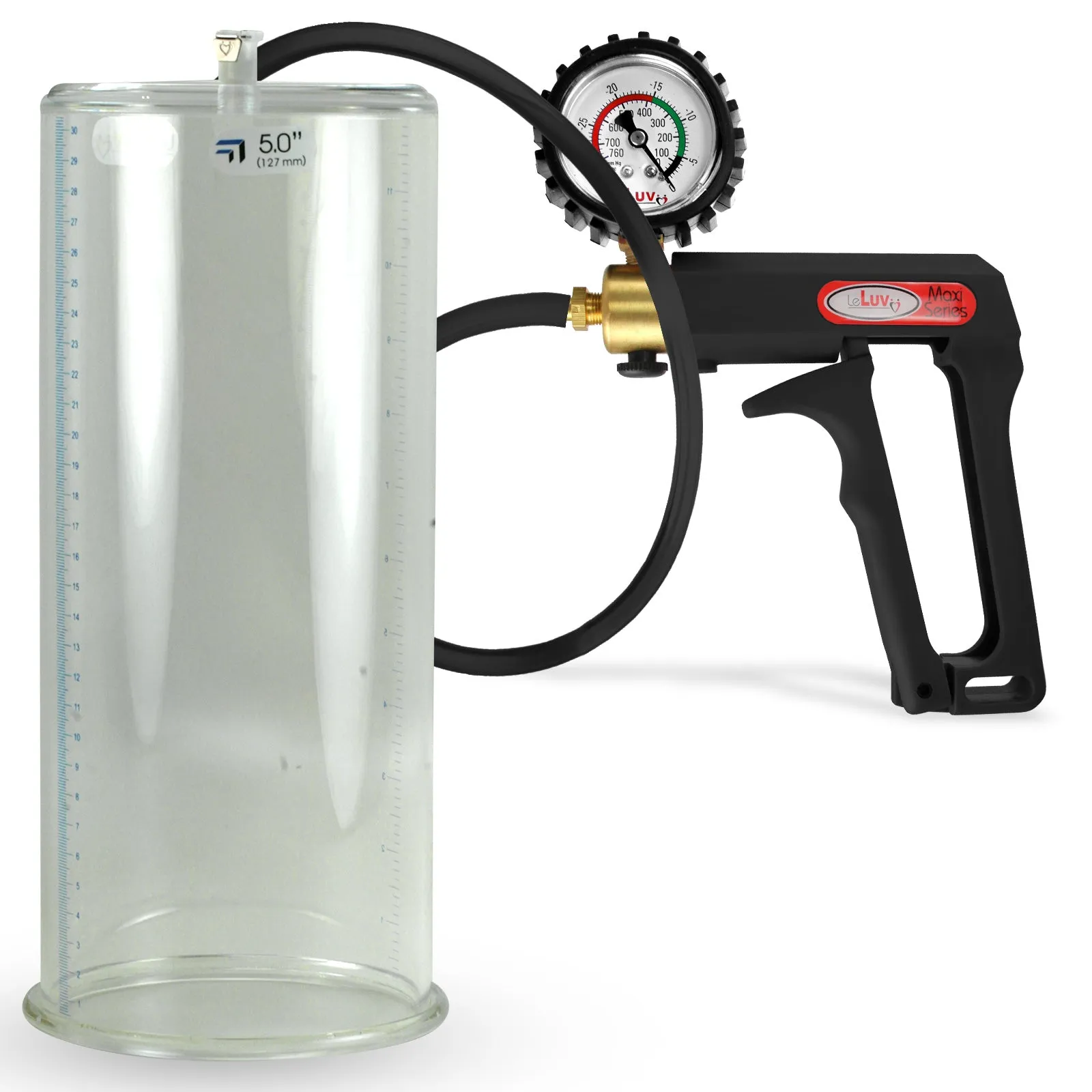 LeLuv Maxi Penis Pump | Black Handle, Silicone Hose, Gauge/Protected Gauge | Round Flange Cylinder