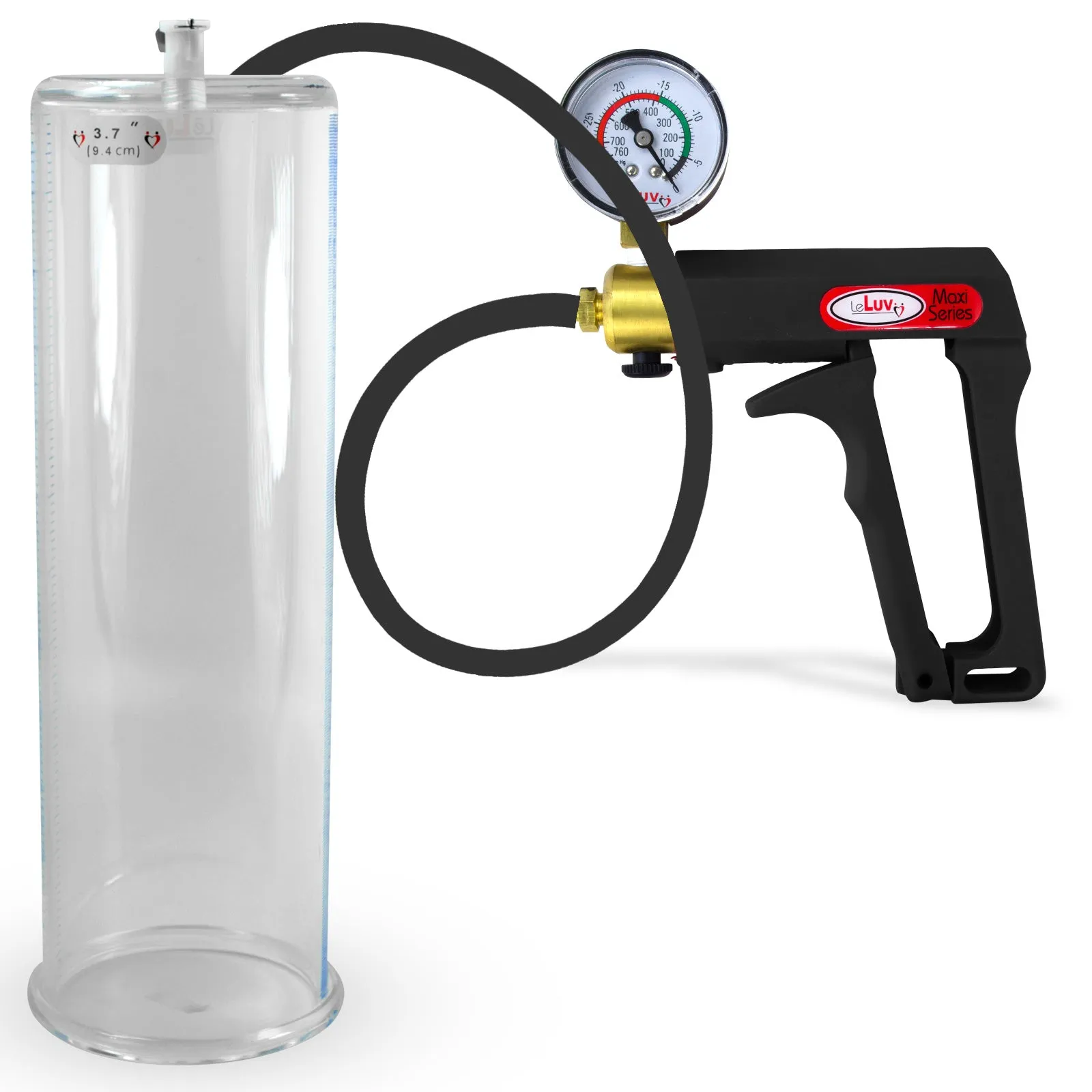 LeLuv Maxi Penis Pump | Black Handle, Silicone Hose, Gauge/Protected Gauge | Round Flange Cylinder