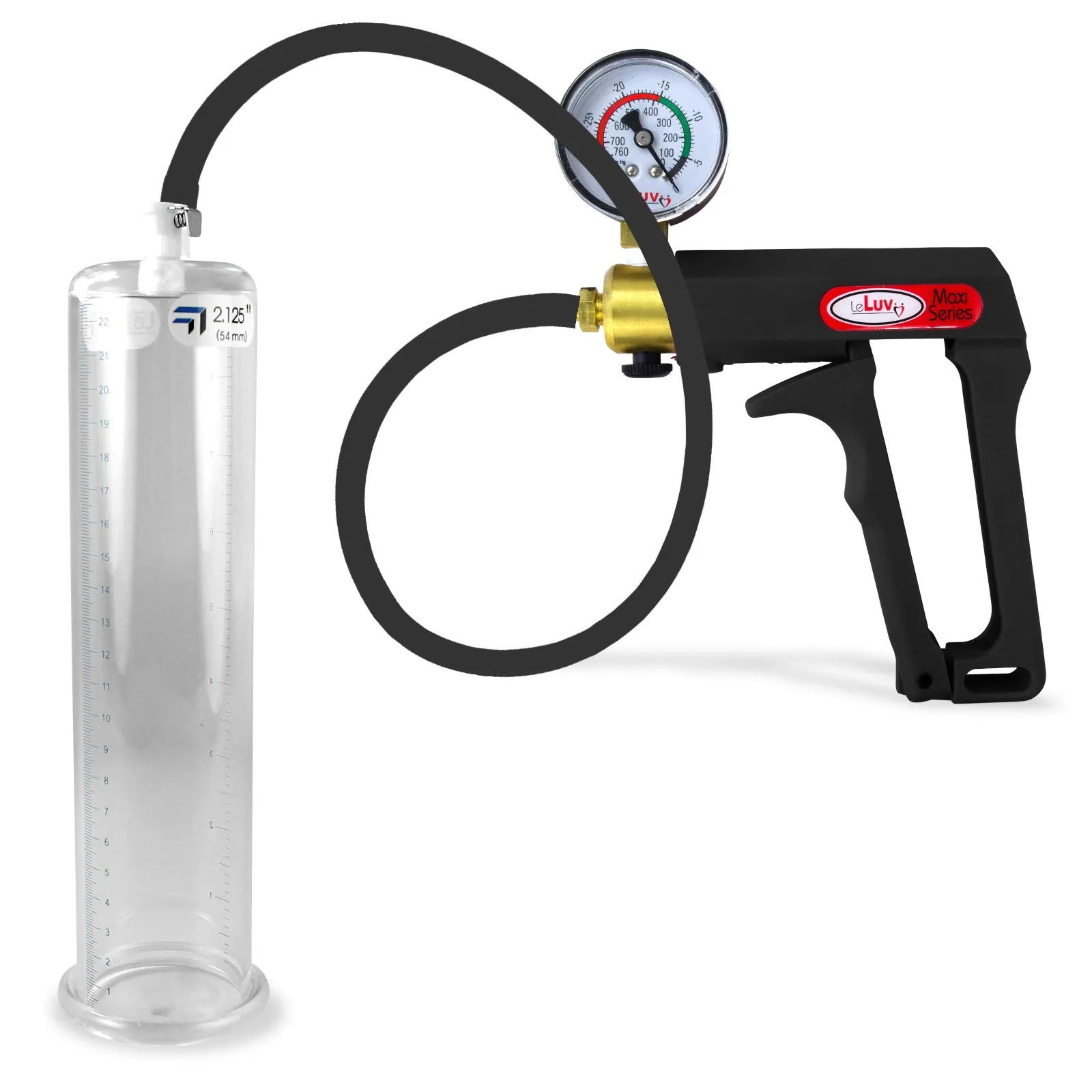 LeLuv Maxi Penis Pump | Black Handle, Silicone Hose, Gauge/Protected Gauge | Round Flange Cylinder