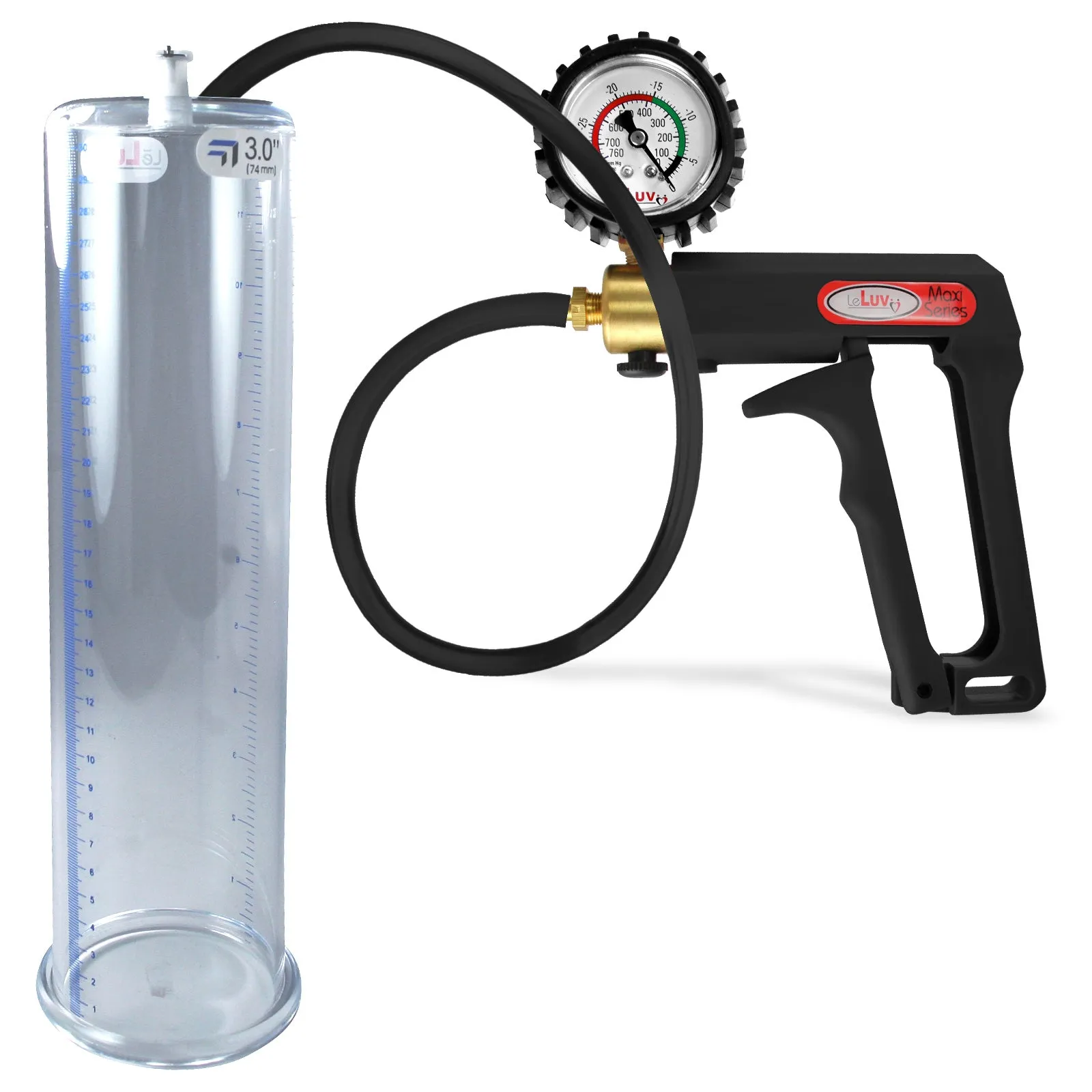 LeLuv Maxi Penis Pump | Black Handle, Silicone Hose, Gauge/Protected Gauge | Round Flange Cylinder