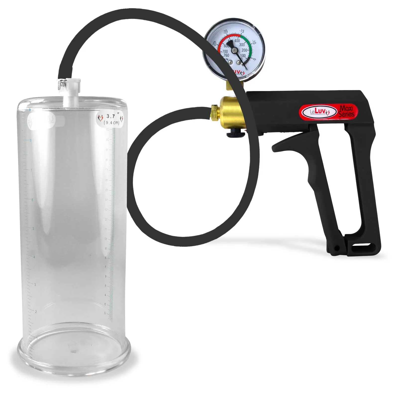 LeLuv Maxi Penis Pump | Black Handle, Silicone Hose, Gauge/Protected Gauge | Round Flange Cylinder