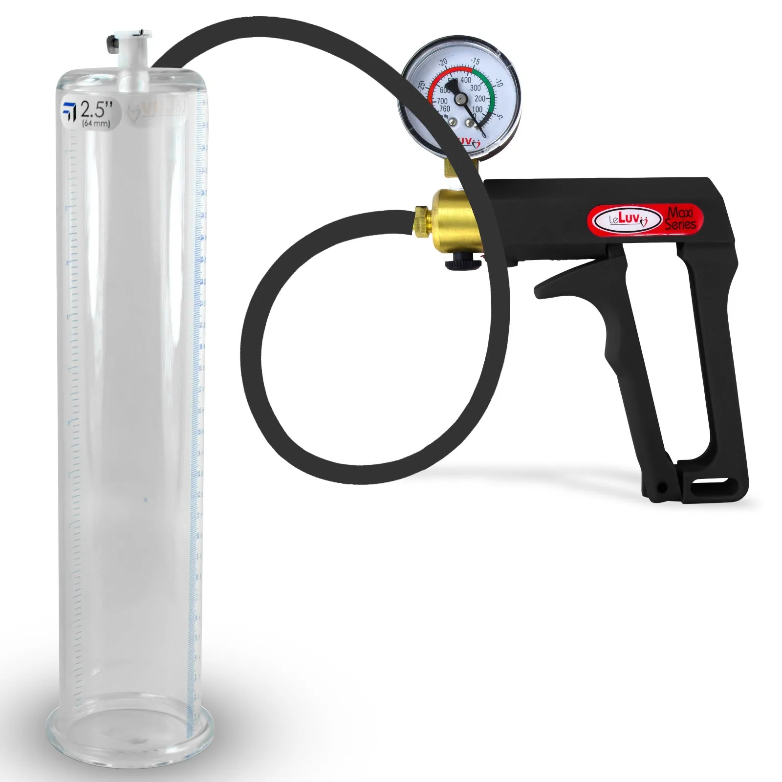LeLuv Maxi Penis Pump | Black Handle, Silicone Hose, Gauge/Protected Gauge | Round Flange Cylinder