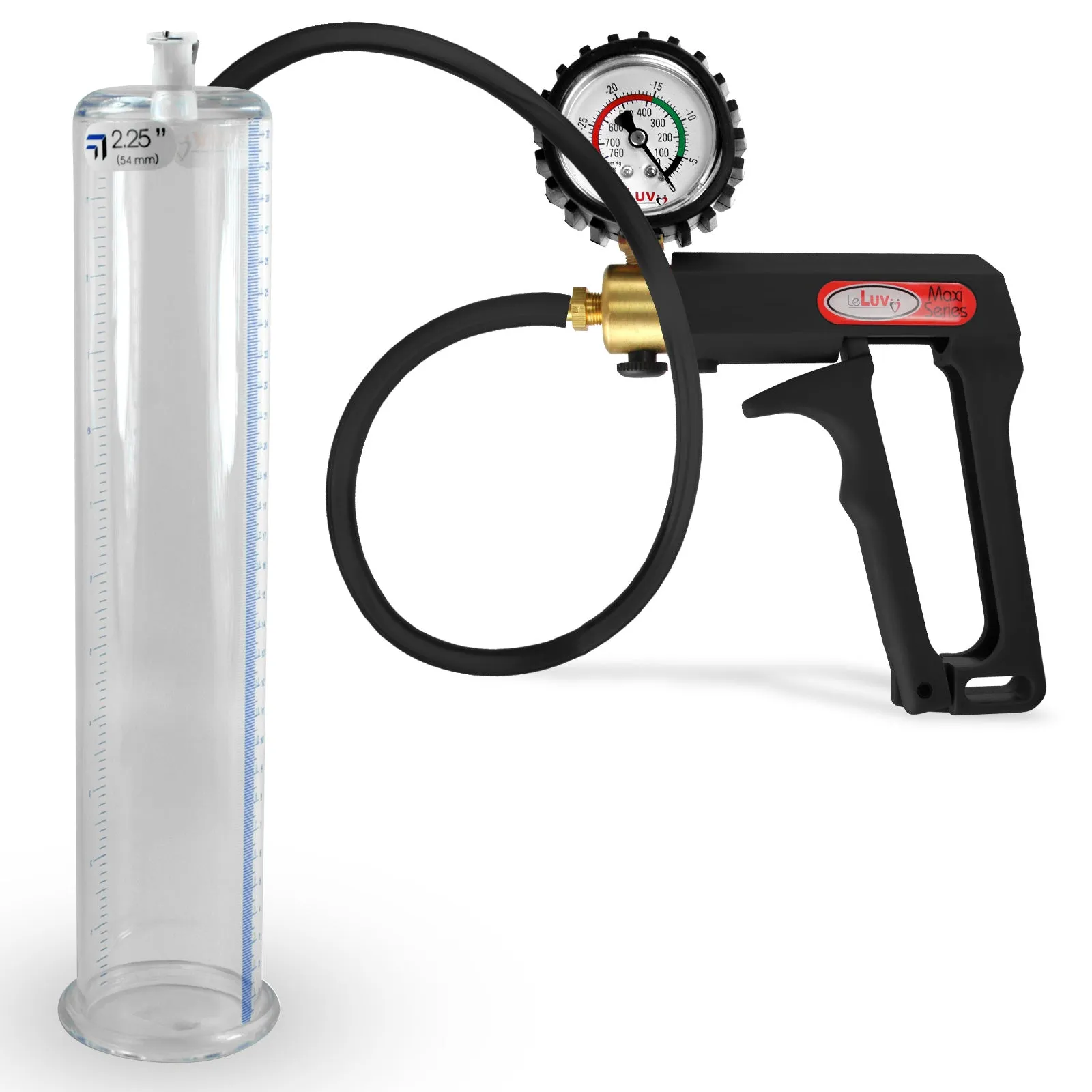 LeLuv Maxi Penis Pump | Black Handle, Silicone Hose, Gauge/Protected Gauge | Round Flange Cylinder
