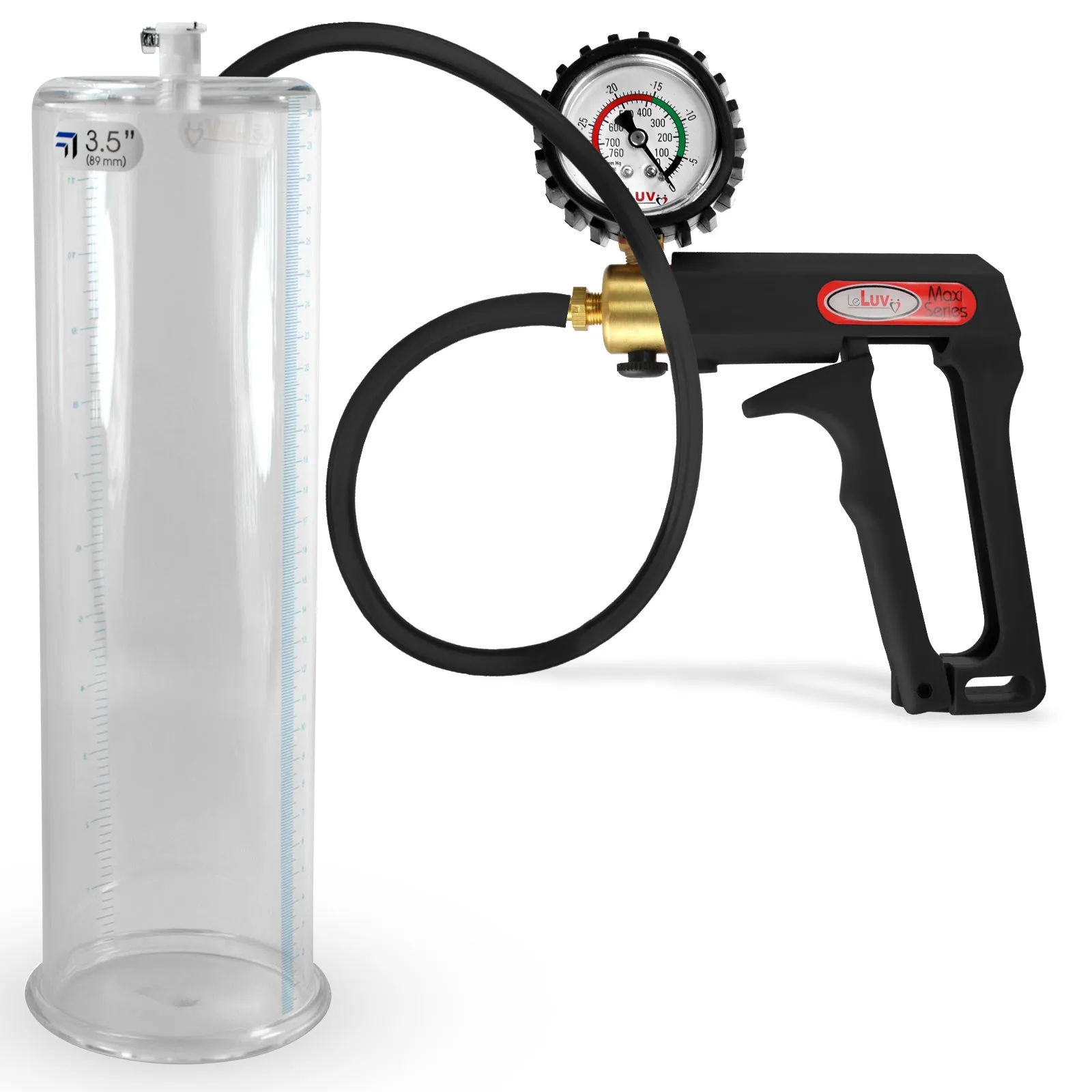LeLuv Maxi Penis Pump | Black Handle, Silicone Hose, Gauge/Protected Gauge | Round Flange Cylinder