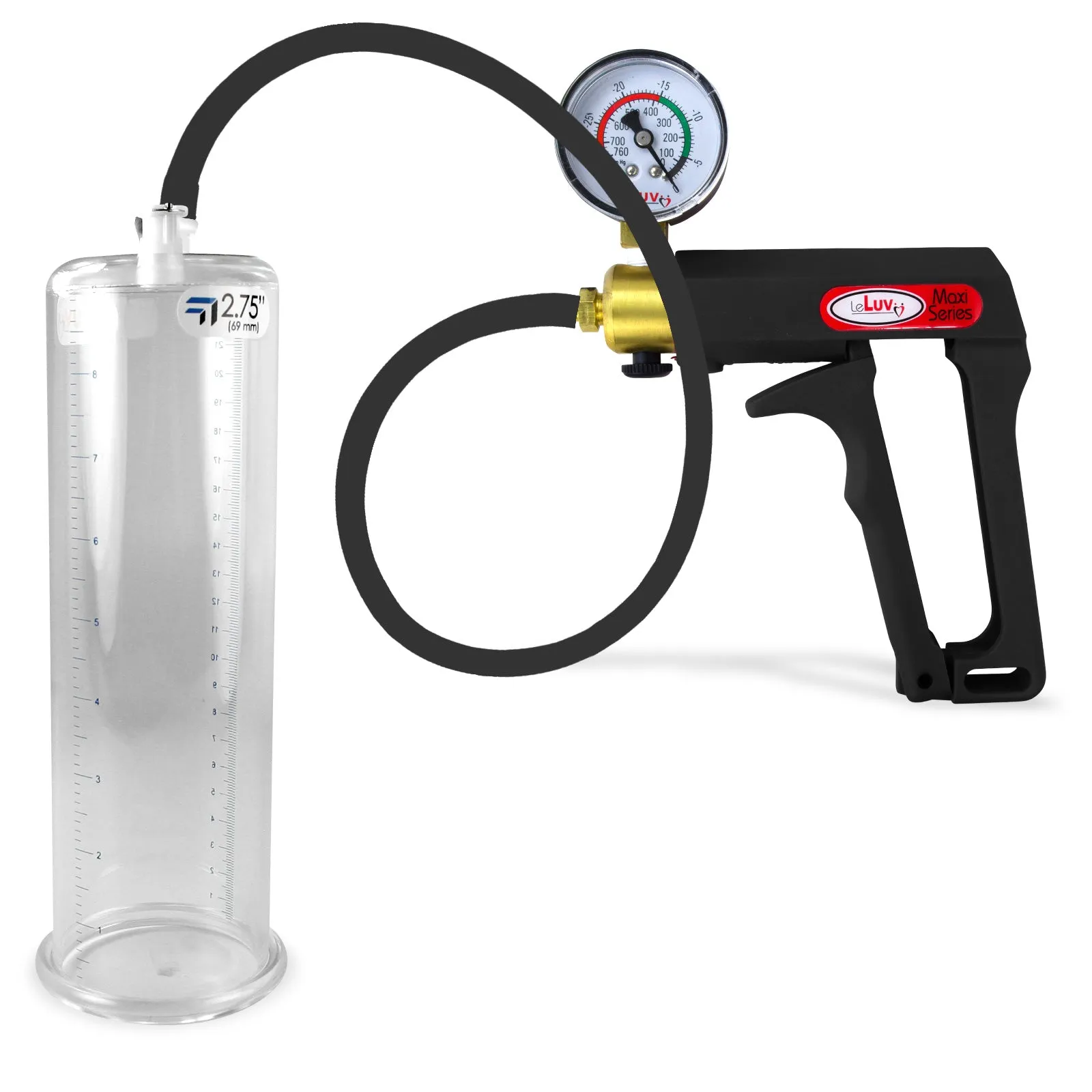 LeLuv Maxi Penis Pump | Black Handle, Silicone Hose, Gauge/Protected Gauge | Round Flange Cylinder