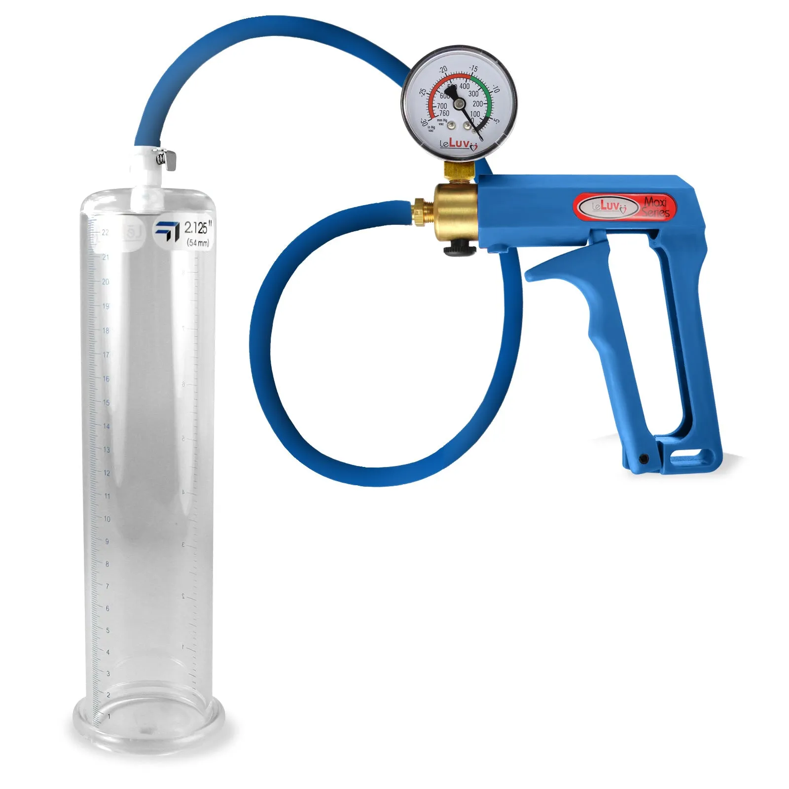LeLuv Maxi Penis Pump | Blue Handle/Silicone Hose   Gauge/Protected Gauge | Round Flange Cylinder