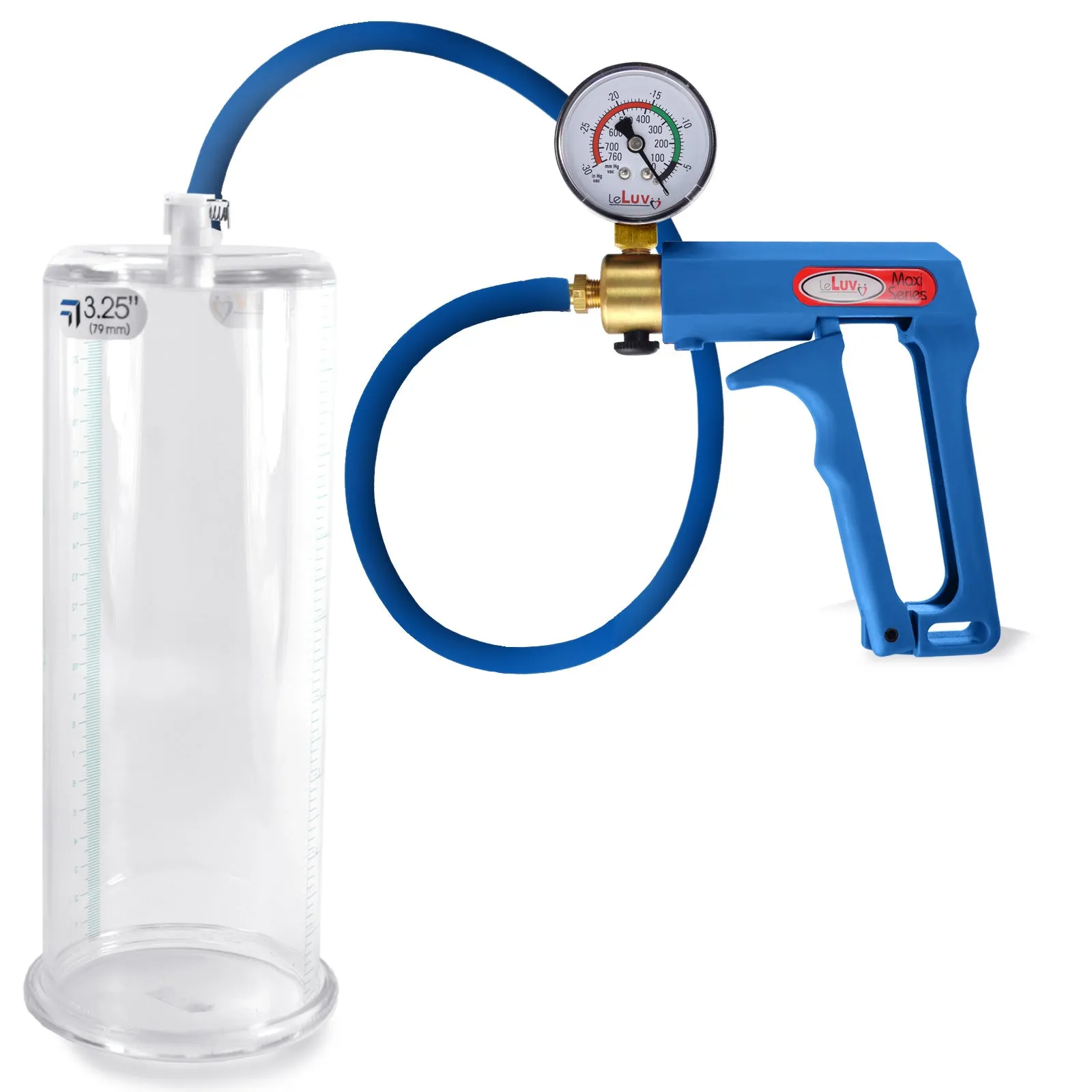 LeLuv Maxi Penis Pump | Blue Handle/Silicone Hose   Gauge/Protected Gauge | Round Flange Cylinder