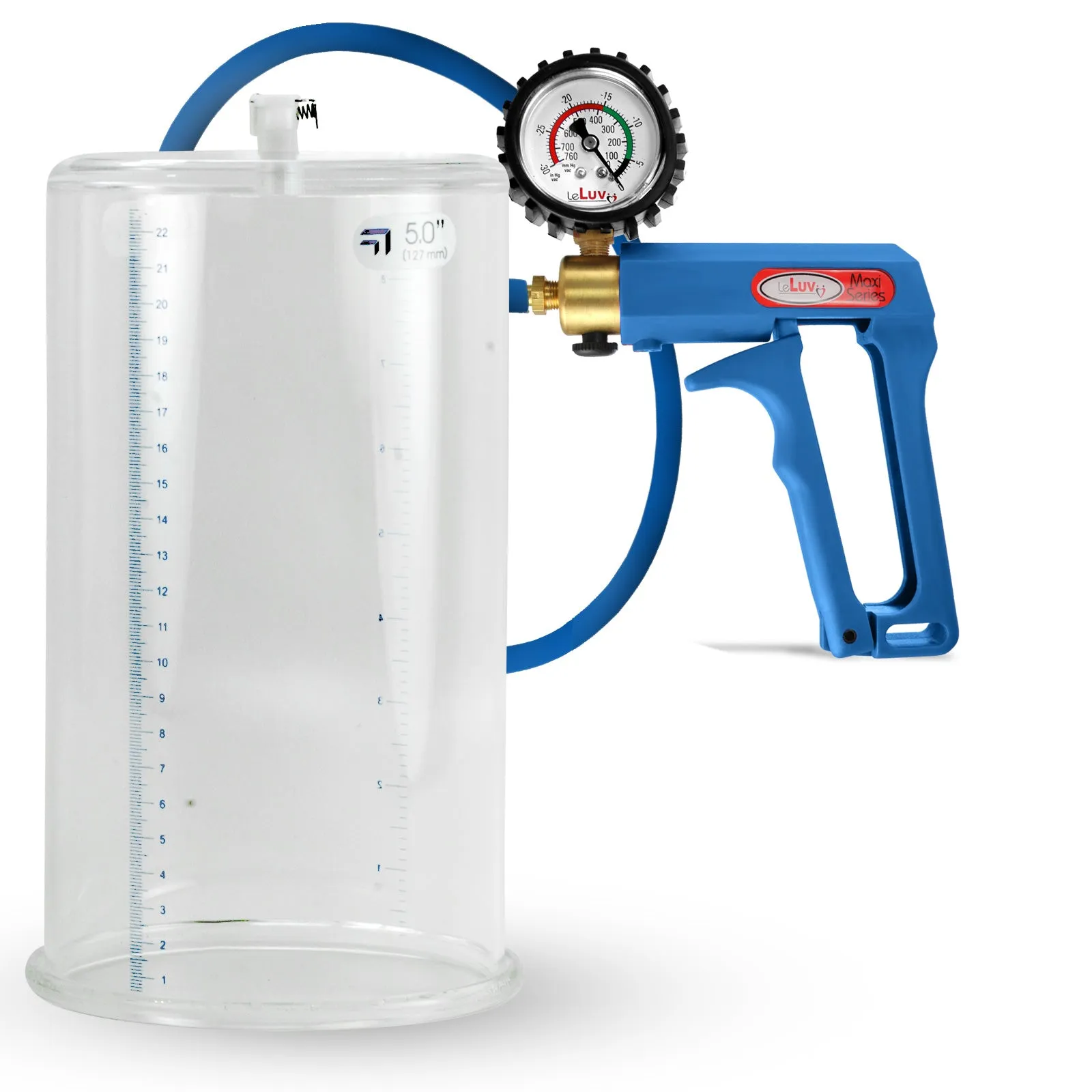 LeLuv Maxi Penis Pump | Blue Handle/Silicone Hose   Gauge/Protected Gauge | Round Flange Cylinder
