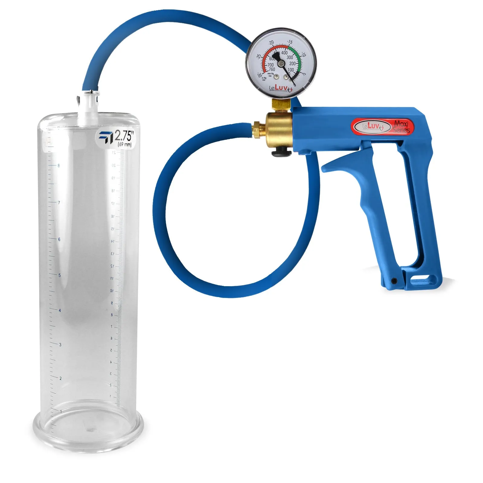 LeLuv Maxi Penis Pump | Blue Handle/Silicone Hose   Gauge/Protected Gauge | Round Flange Cylinder