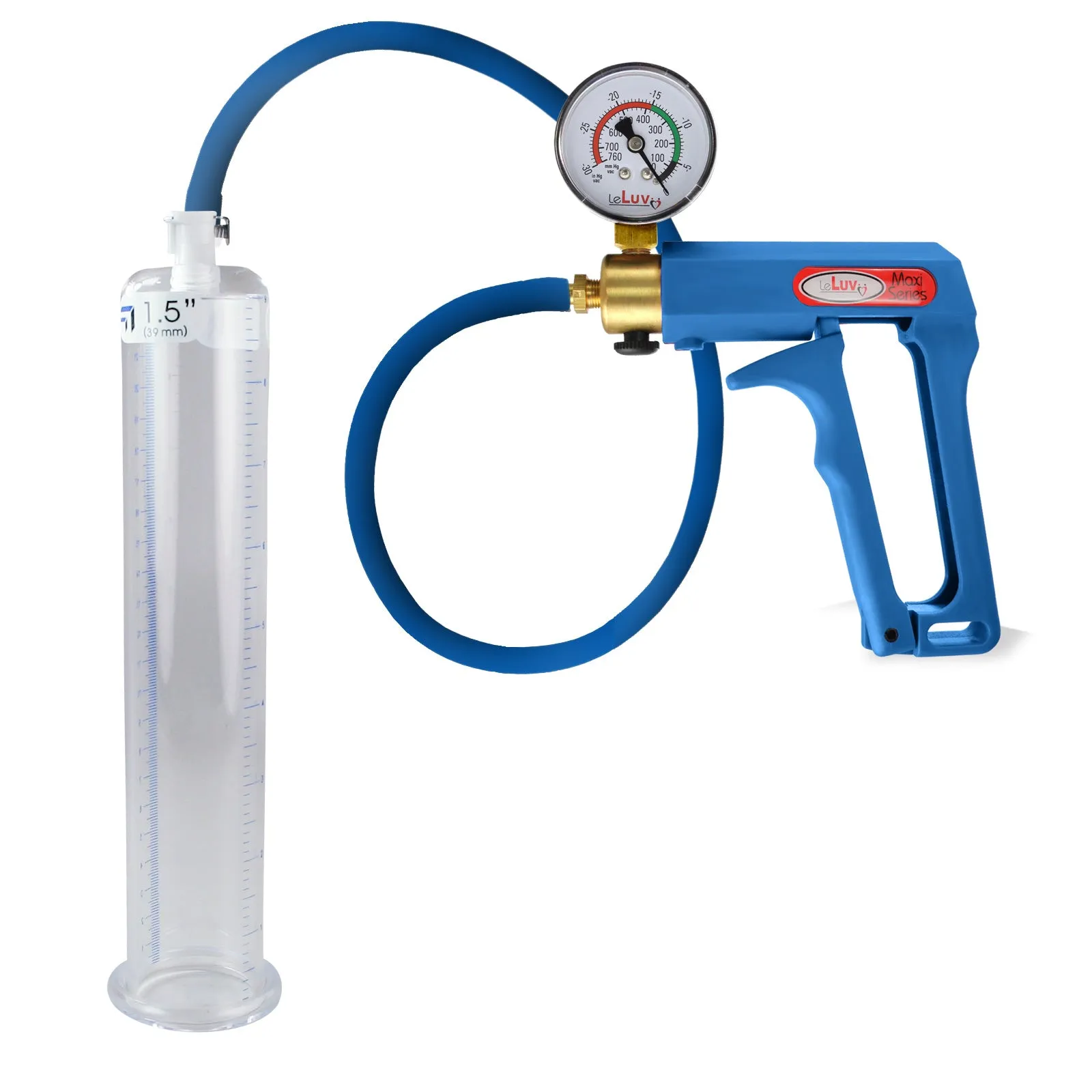LeLuv Maxi Penis Pump | Blue Handle/Silicone Hose   Gauge/Protected Gauge | Round Flange Cylinder