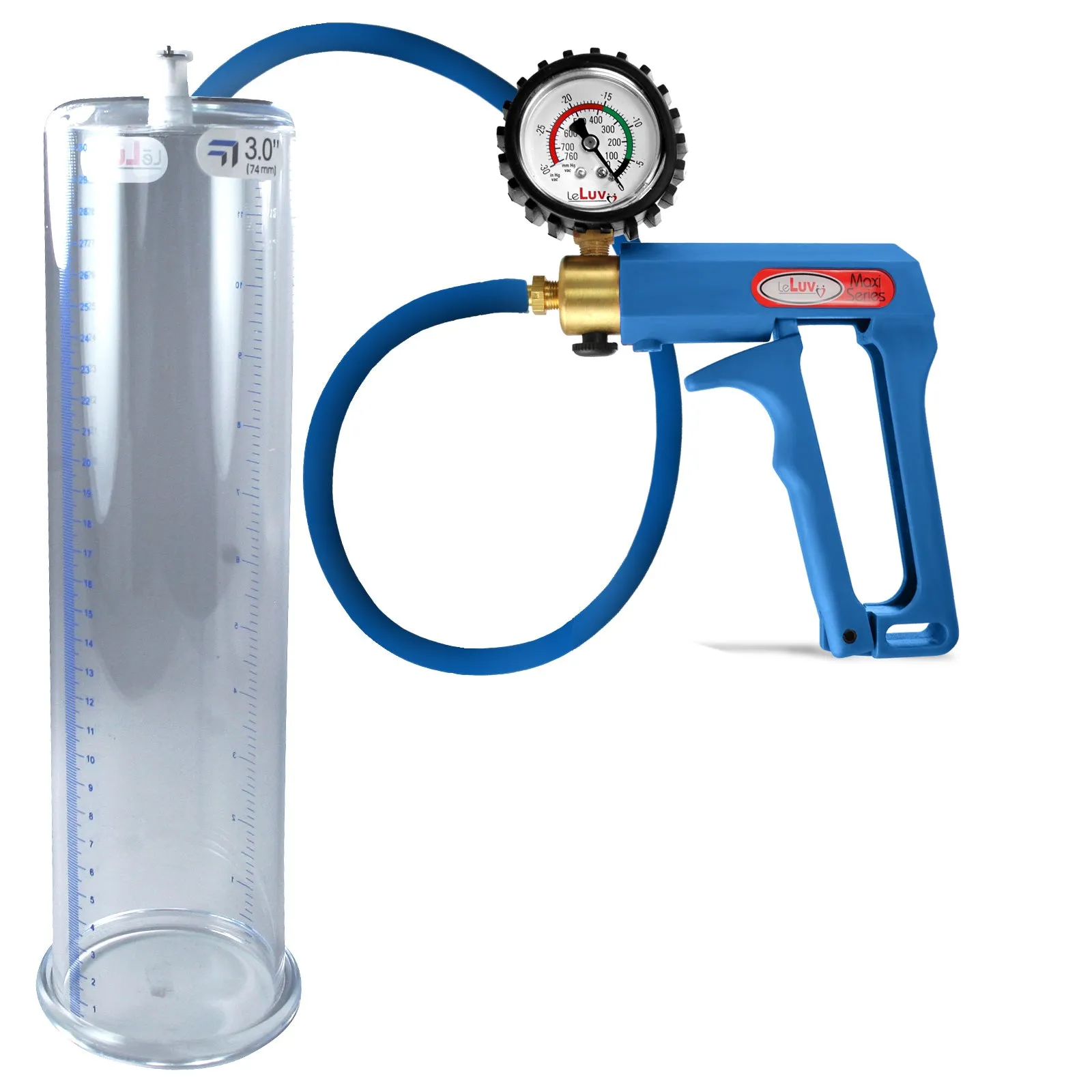LeLuv Maxi Penis Pump | Blue Handle/Silicone Hose   Gauge/Protected Gauge | Round Flange Cylinder
