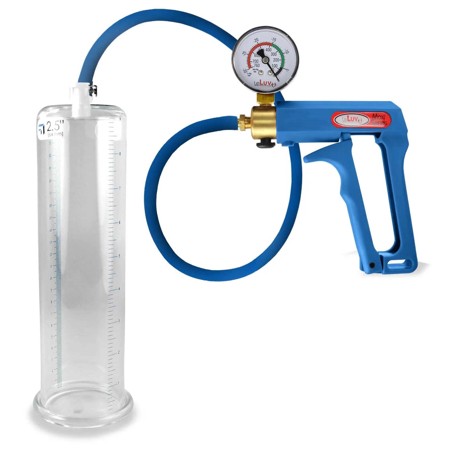 LeLuv Maxi Penis Pump | Blue Handle/Silicone Hose   Gauge/Protected Gauge | Round Flange Cylinder