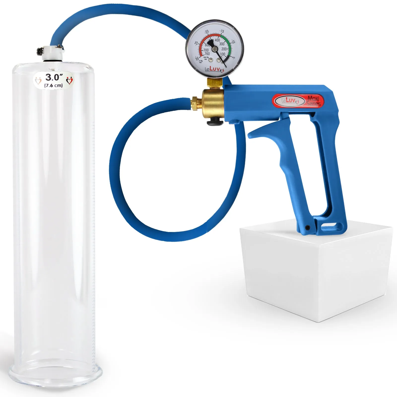 LeLuv Maxi Penis Pump | Blue Handle/Silicone Hose   Gauge/Protected Gauge | Round Flange Cylinder