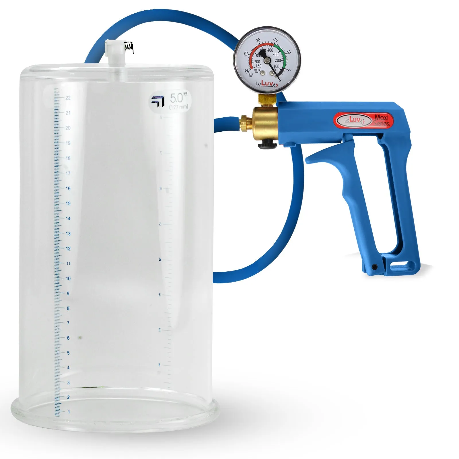 LeLuv Maxi Penis Pump | Blue Handle/Silicone Hose   Gauge/Protected Gauge | Round Flange Cylinder