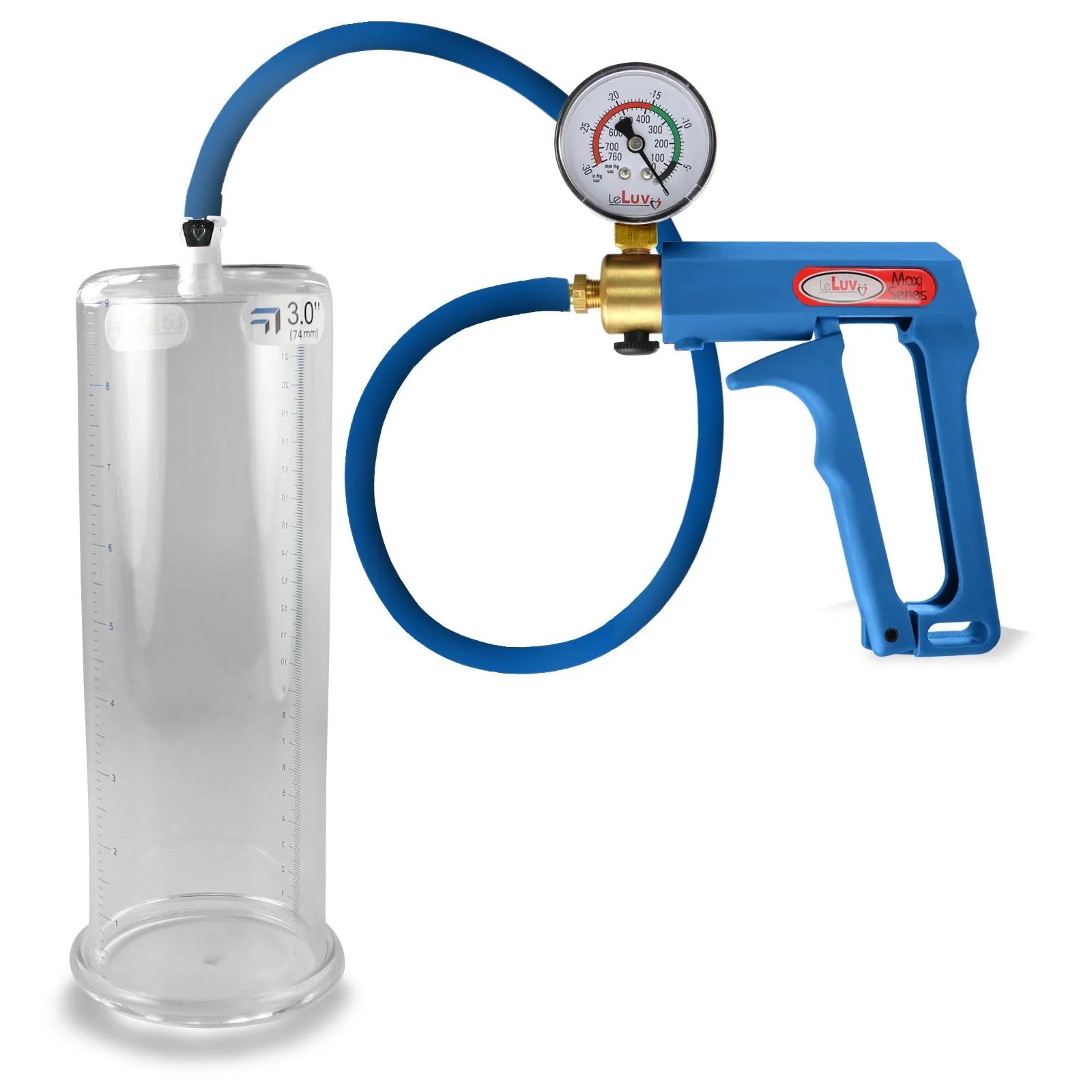 LeLuv Maxi Penis Pump | Blue Handle/Silicone Hose   Gauge/Protected Gauge | Round Flange Cylinder