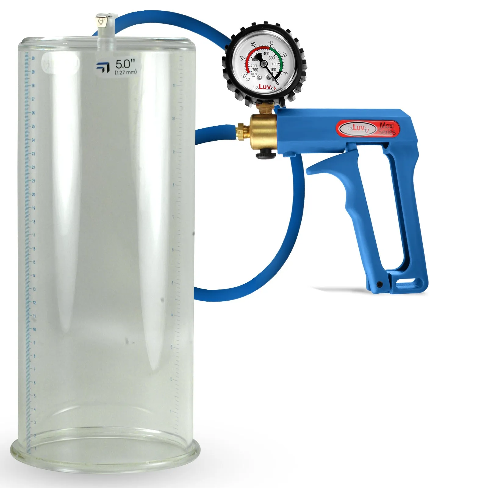 LeLuv Maxi Penis Pump | Blue Handle/Silicone Hose   Gauge/Protected Gauge | Round Flange Cylinder