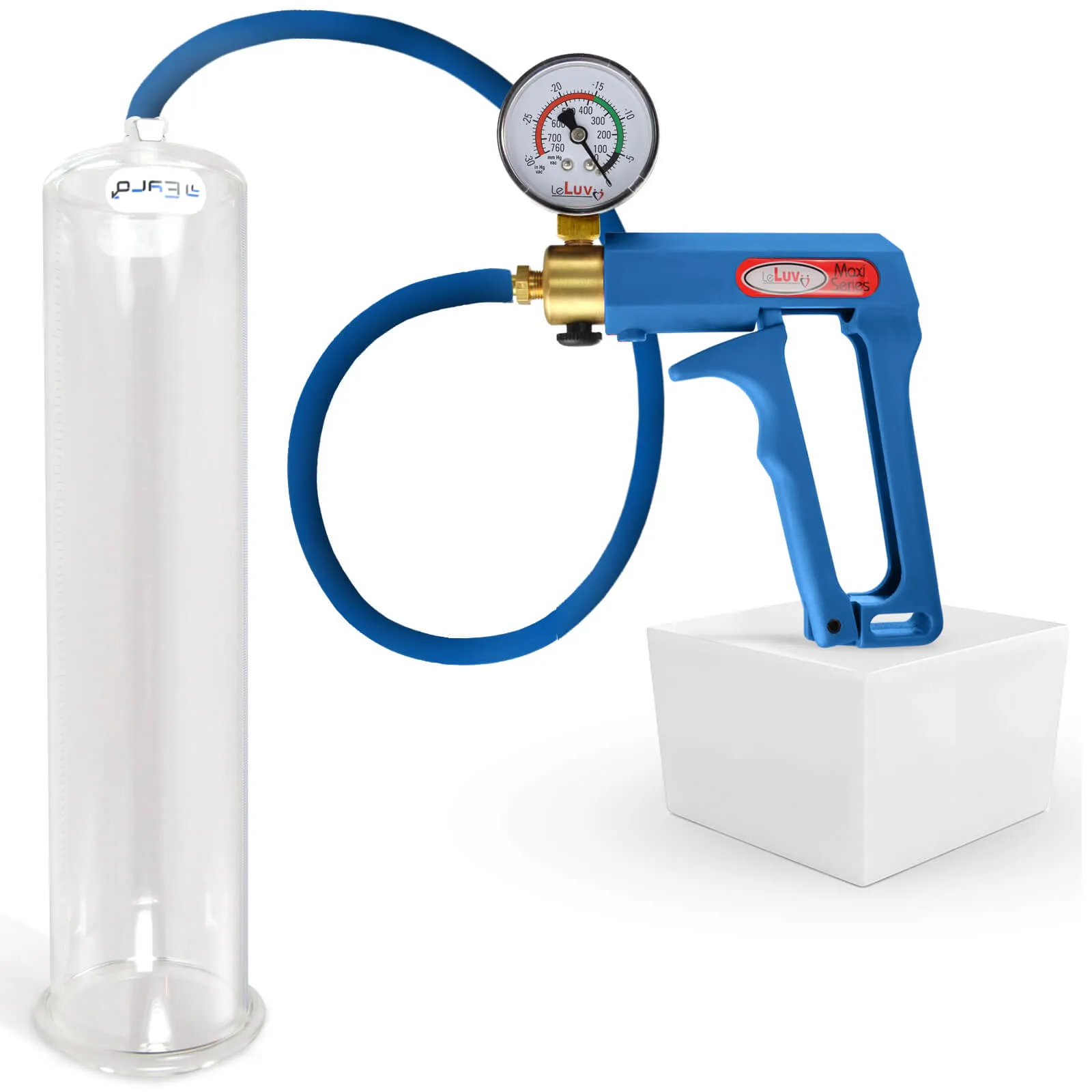 LeLuv Maxi Penis Pump | Blue Handle/Silicone Hose   Gauge/Protected Gauge | Round Flange Cylinder