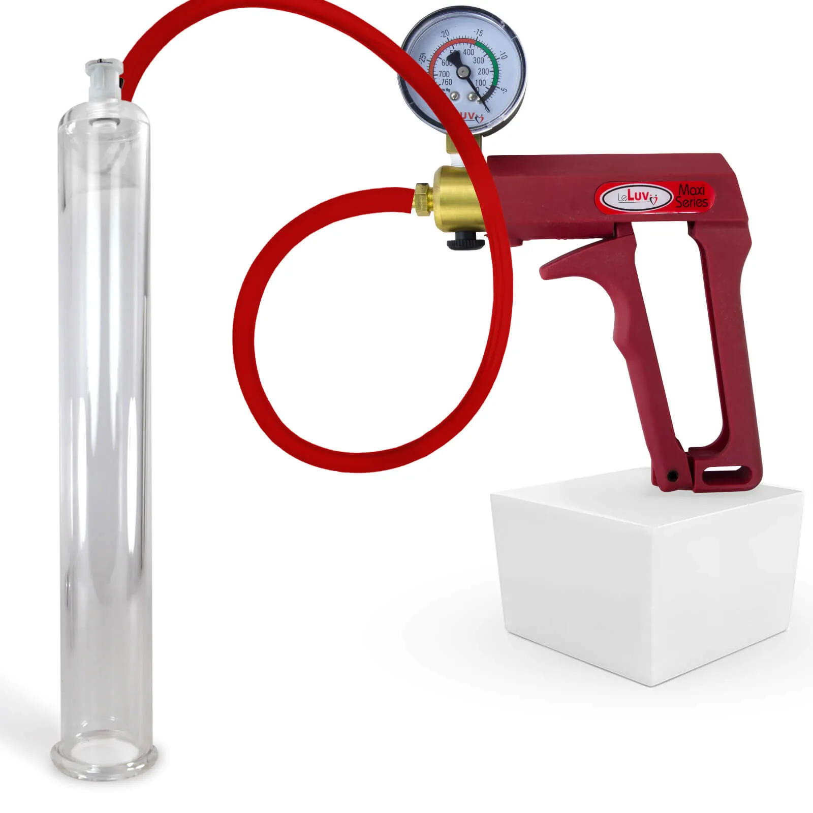 LeLuv Maxi Penis Pump | Red/Pink Handle, Silicone Hose, No Gauge | Round Flange Cylinder