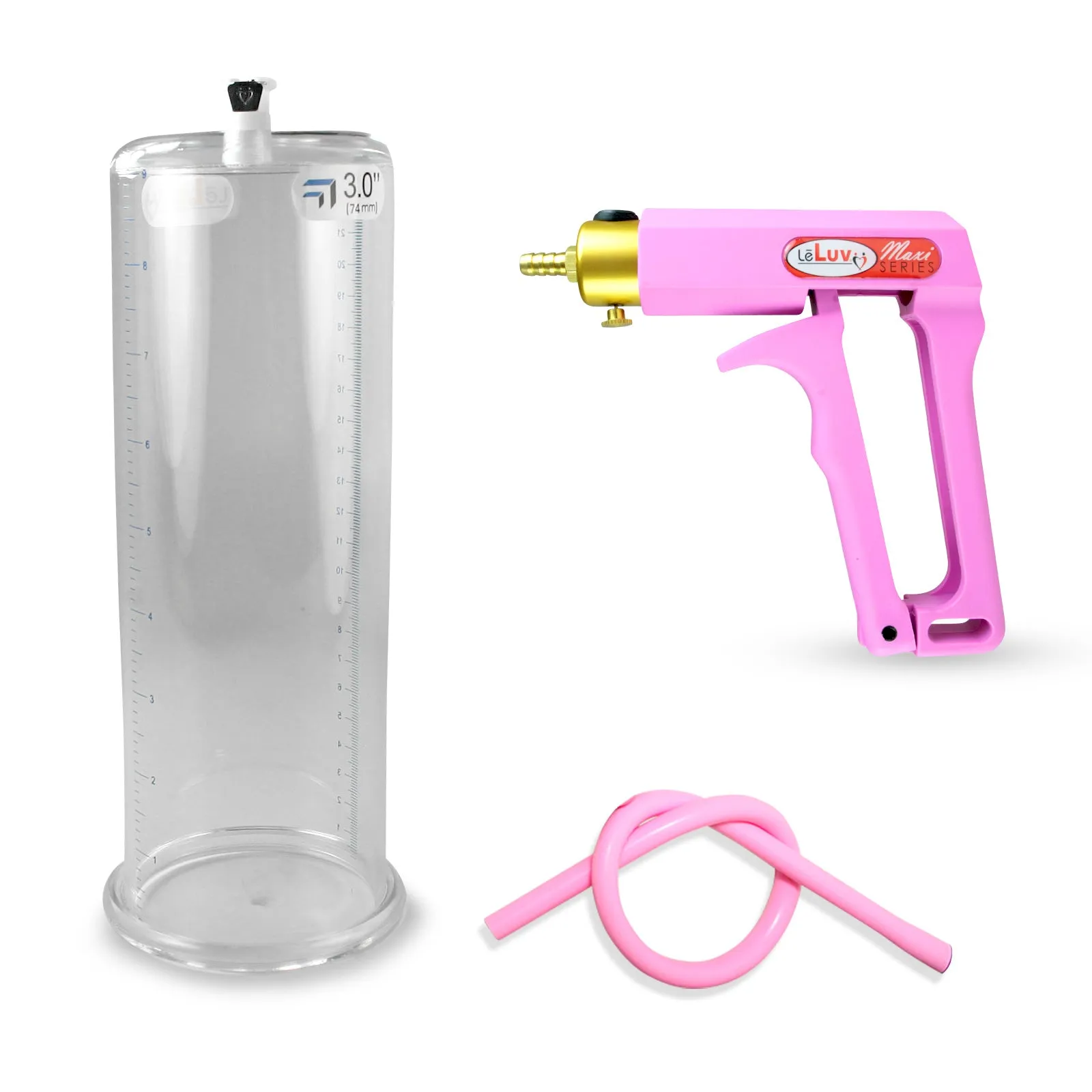 LeLuv Maxi Penis Pump | Red/Pink Handle, Silicone Hose, No Gauge | Round Flange Cylinder