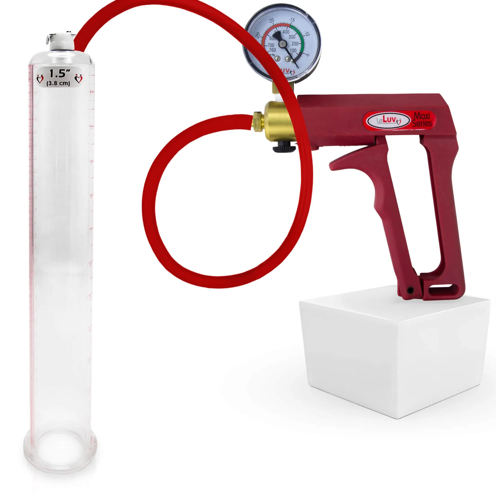LeLuv Maxi Penis Pump | Red/Pink Handle, Silicone Hose, No Gauge | Round Flange Cylinder