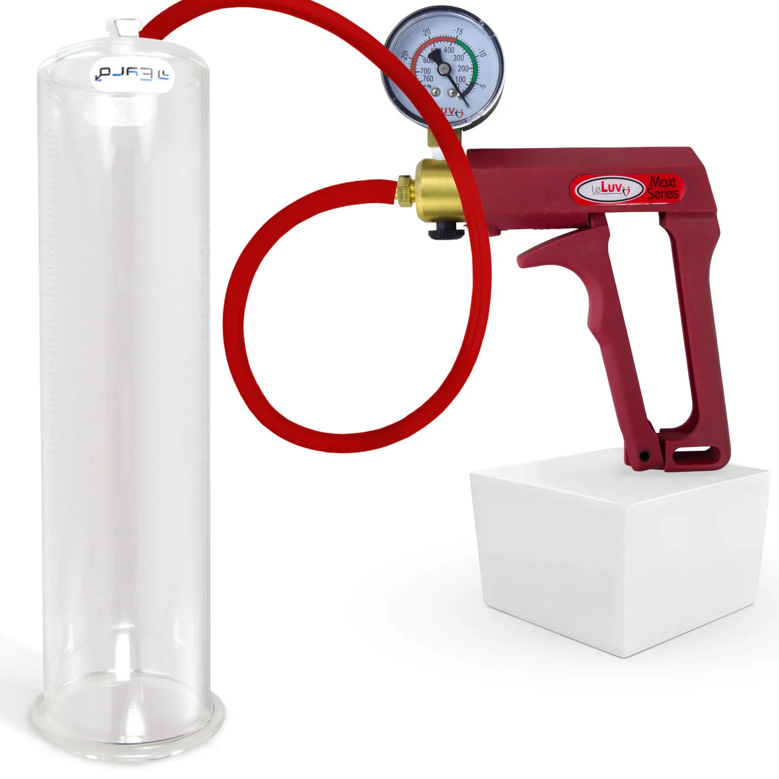 LeLuv Maxi Penis Pump | Red/Pink Handle, Silicone Hose, No Gauge | Round Flange Cylinder