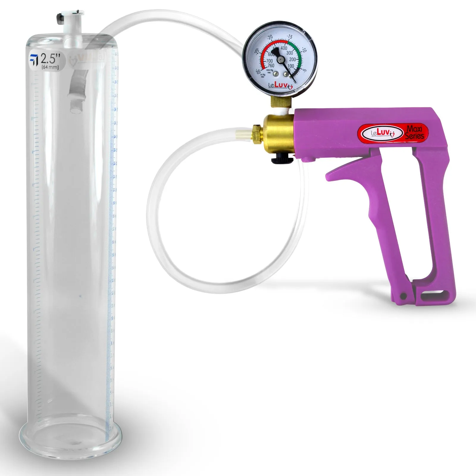 LeLuv Maxi Purple Penis Pump Clear Hose | Gauge/Protected Gauge | Round Flange Cylinder