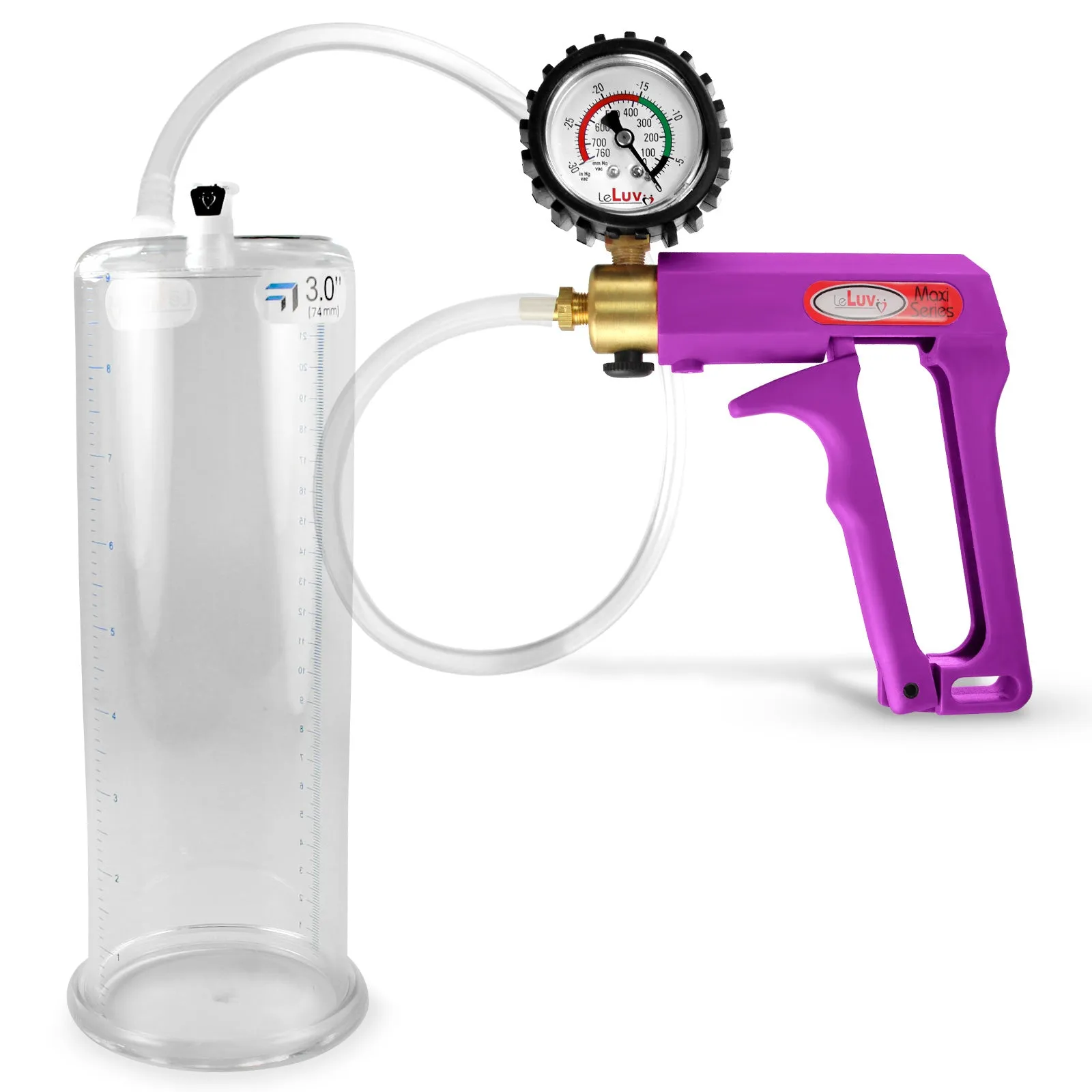 LeLuv Maxi Purple Penis Pump Clear Hose | Gauge/Protected Gauge | Round Flange Cylinder