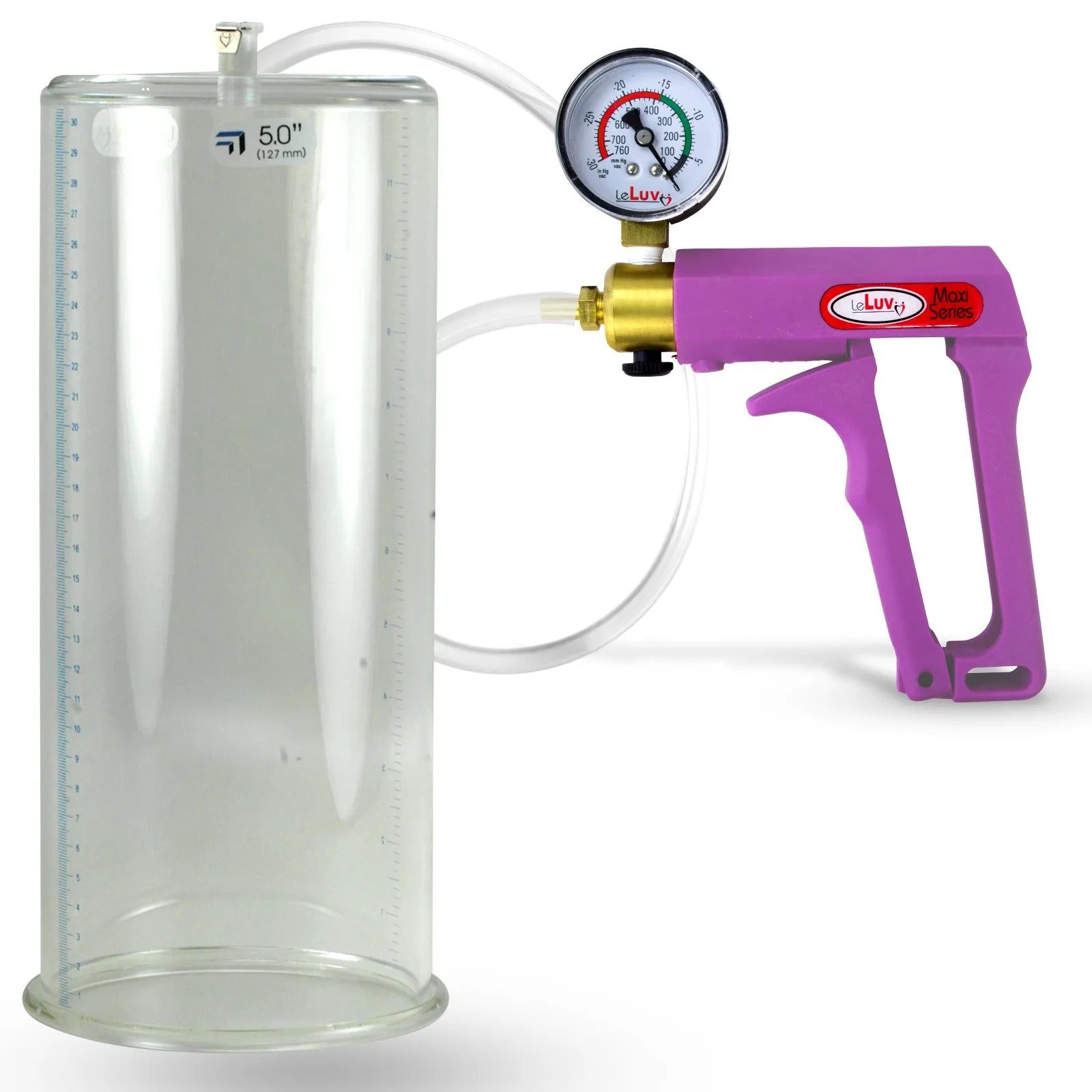 LeLuv Maxi Purple Penis Pump Clear Hose | Gauge/Protected Gauge | Round Flange Cylinder