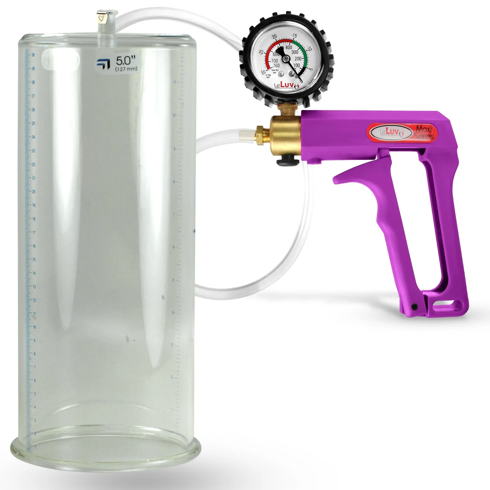 LeLuv Maxi Purple Penis Pump Clear Hose | Gauge/Protected Gauge | Round Flange Cylinder