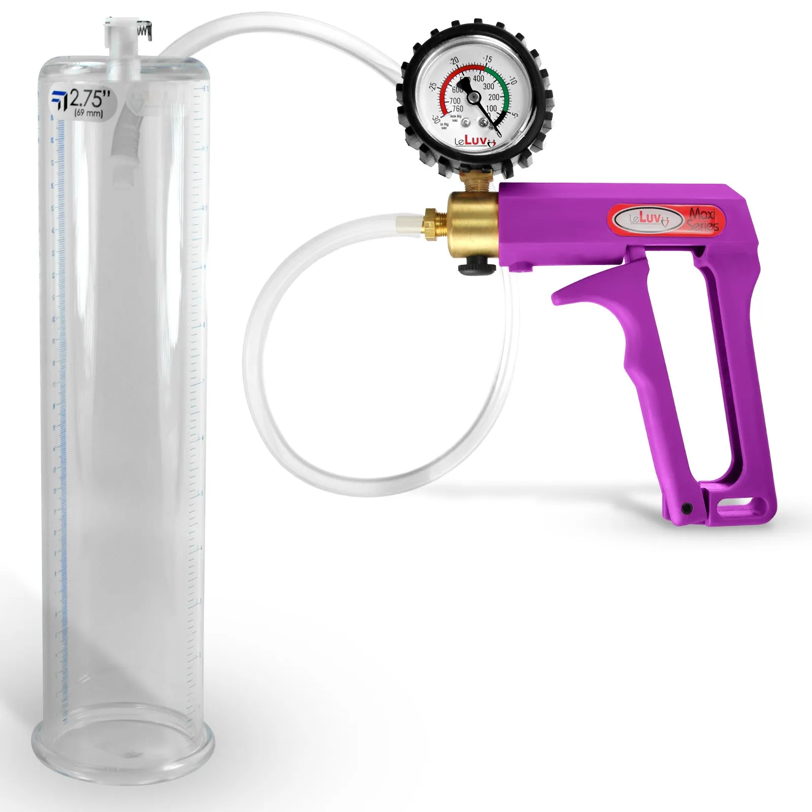 LeLuv Maxi Purple Penis Pump Clear Hose | Gauge/Protected Gauge | Round Flange Cylinder