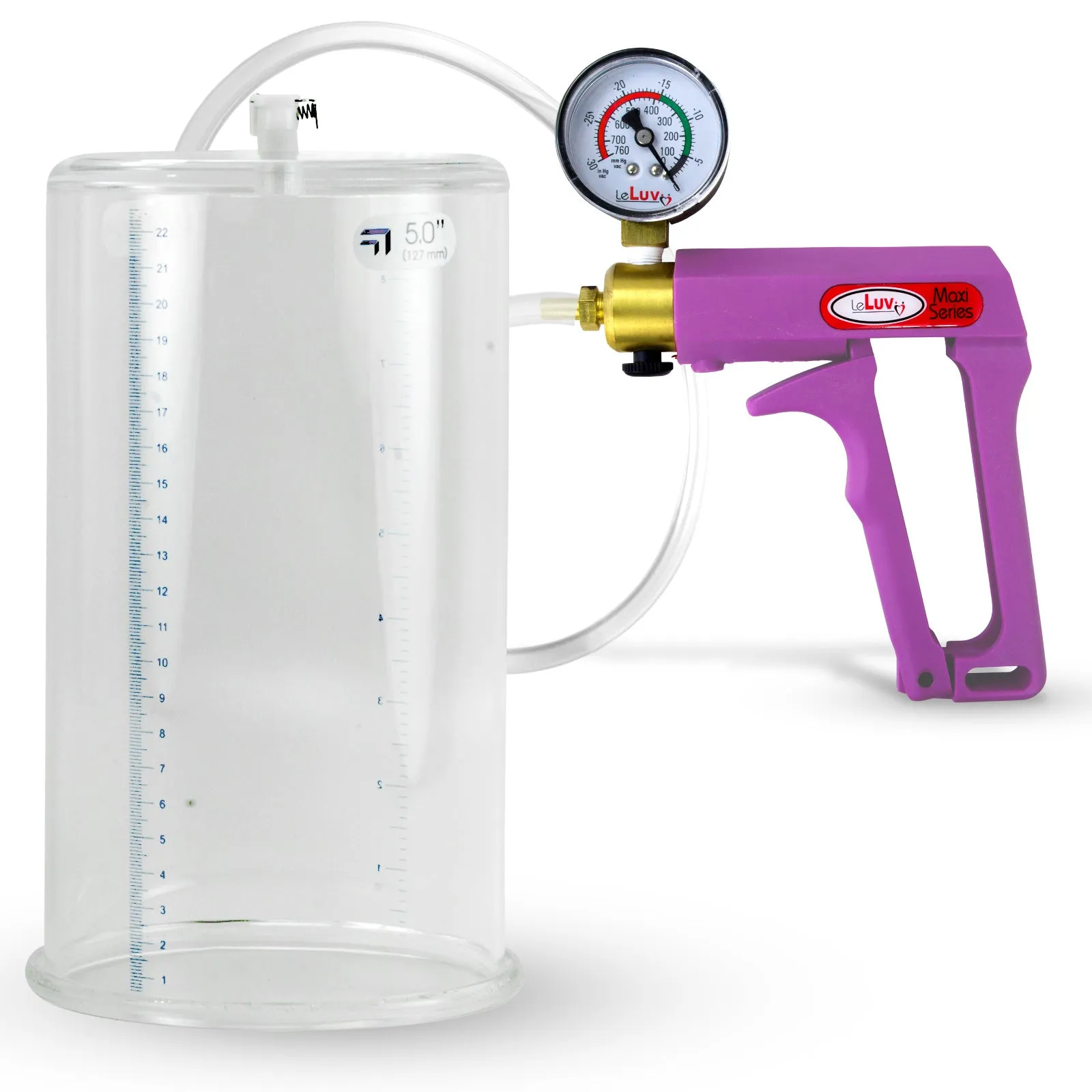 LeLuv Maxi Purple Penis Pump Clear Hose | Gauge/Protected Gauge | Round Flange Cylinder