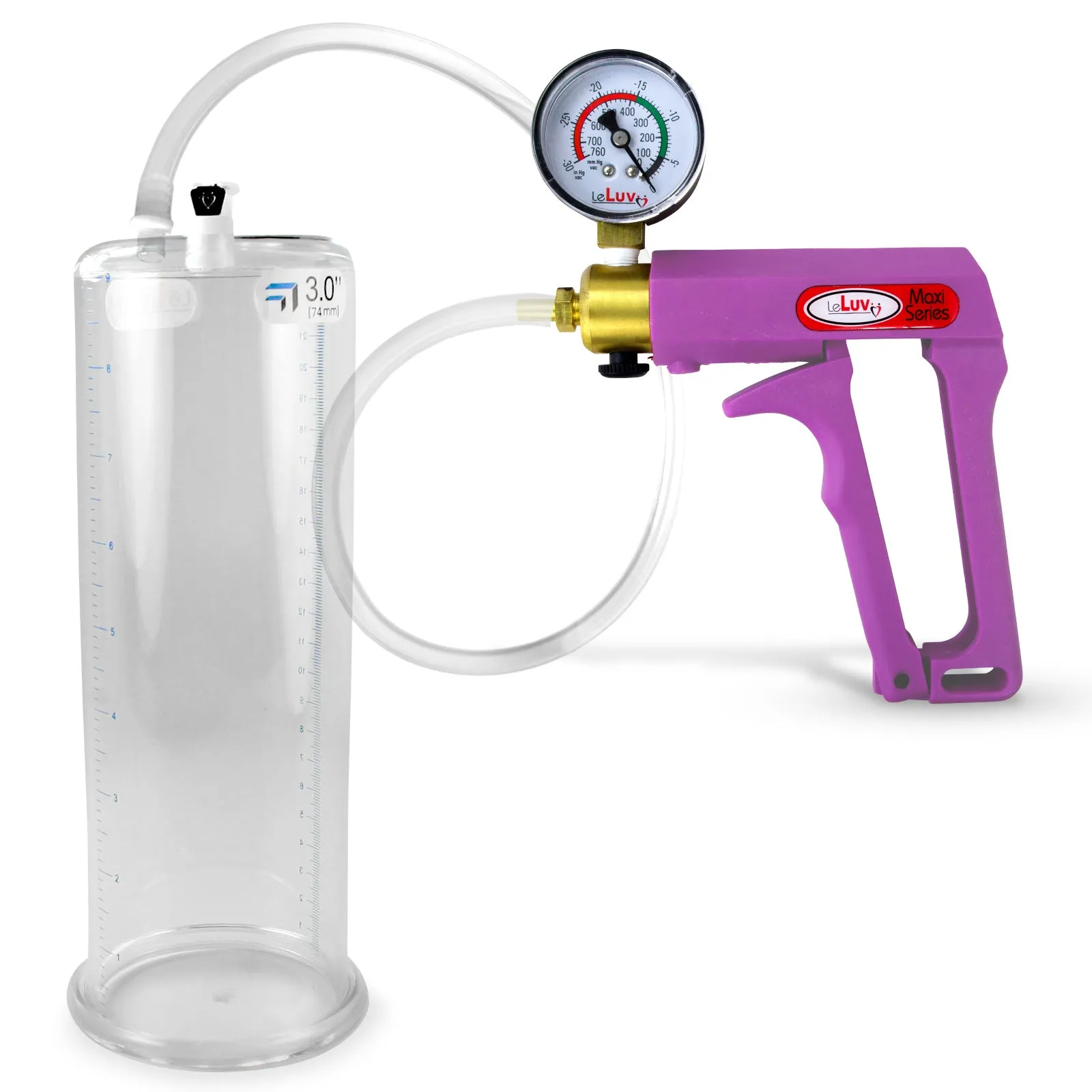 LeLuv Maxi Purple Penis Pump Clear Hose | Gauge/Protected Gauge | Round Flange Cylinder
