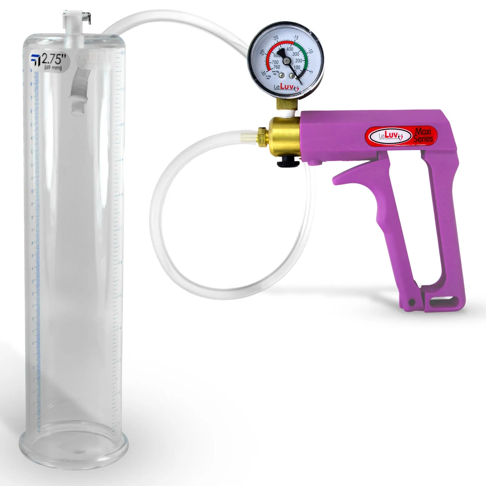 LeLuv Maxi Purple Penis Pump Clear Hose | Gauge/Protected Gauge | Round Flange Cylinder